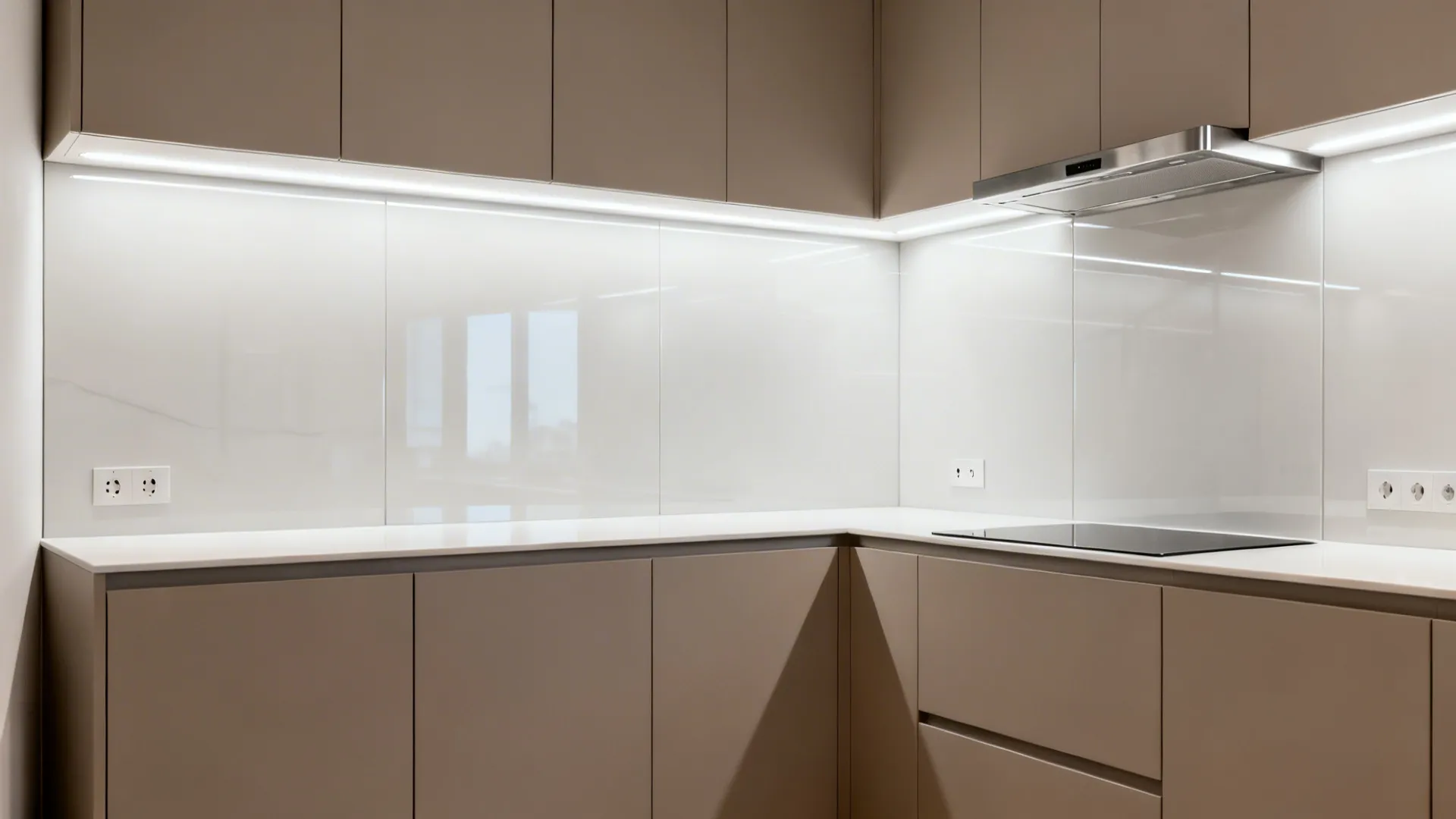 Small L-shaped kitchen with large-format glossy porcelain backsplash panels.