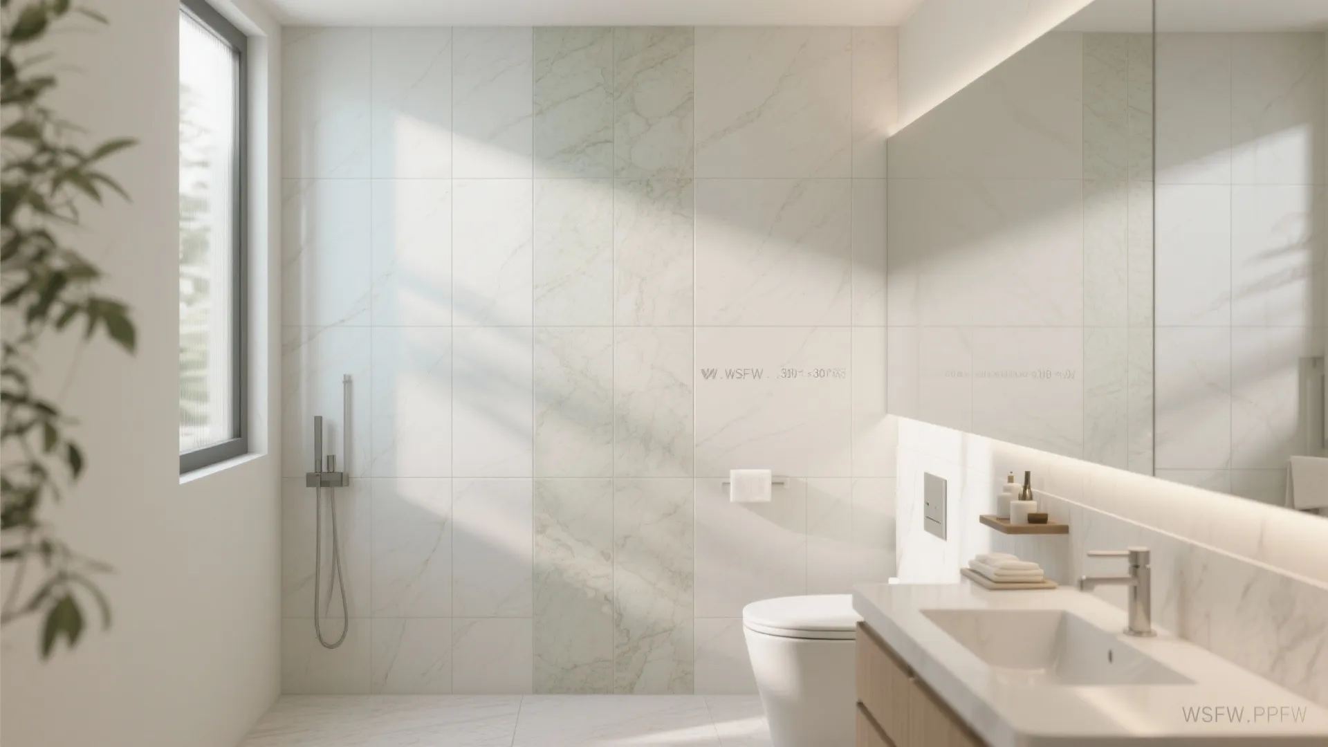 Modern bright bathroom with white wall tiles and wooden cabinet under a large wall mirror