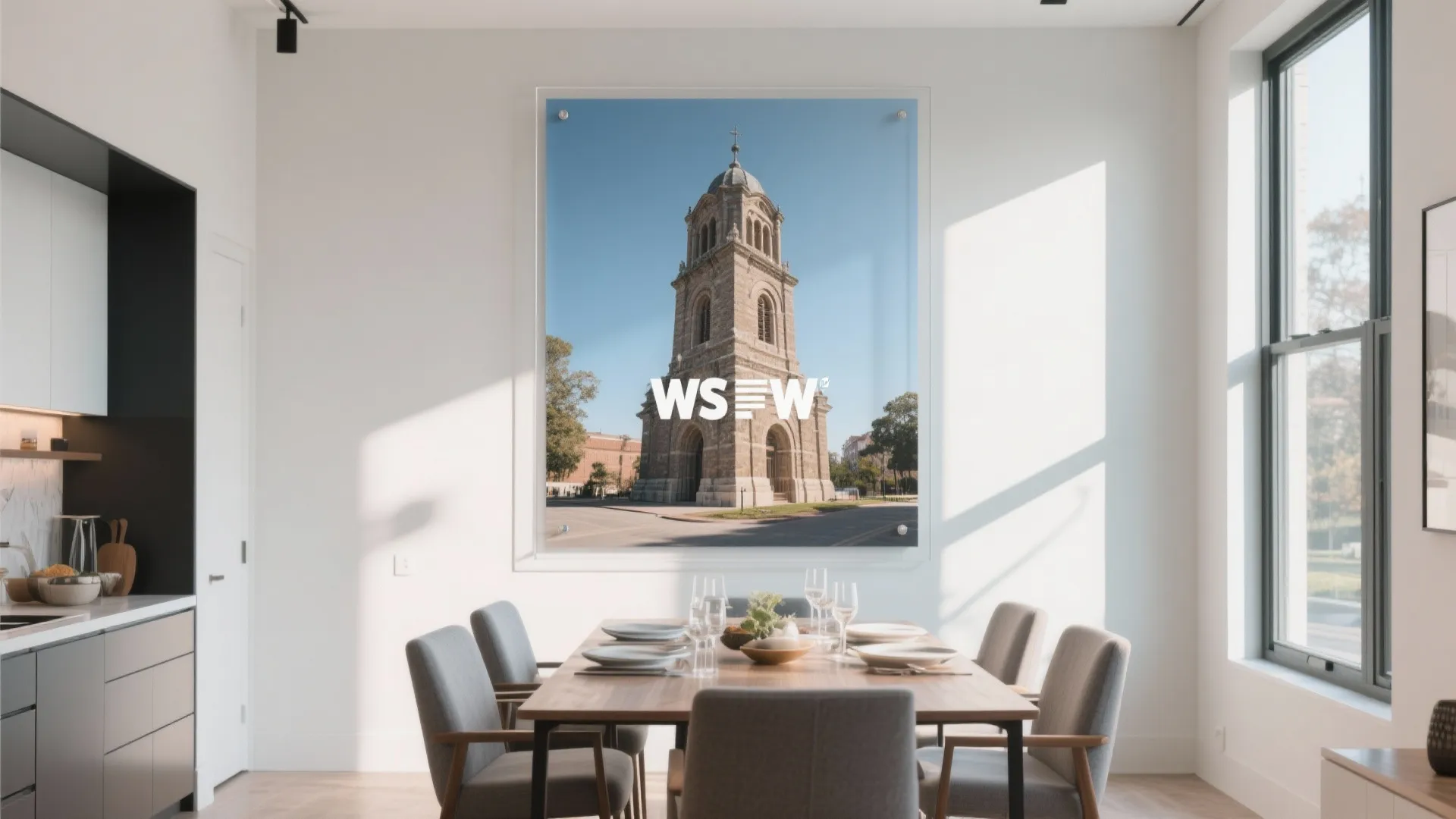 Modern dining room featuring wooden table grey chairs and large tower photo on the wall