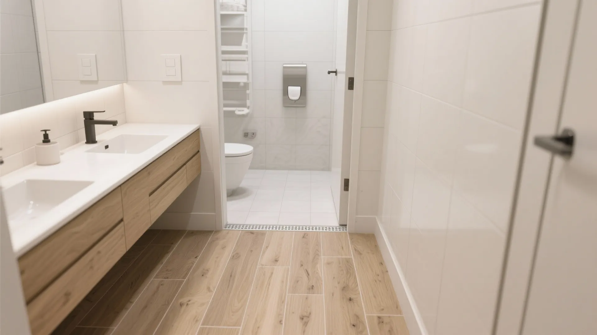 Large-format wood-look planks flow through a flush threshold into a vestibule.