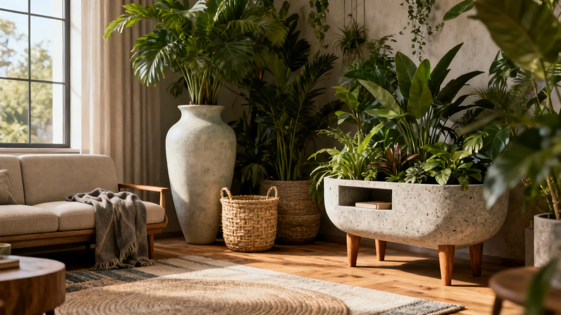 Living room featuring a large white vase green plants grey sofa wooden floor and rug
