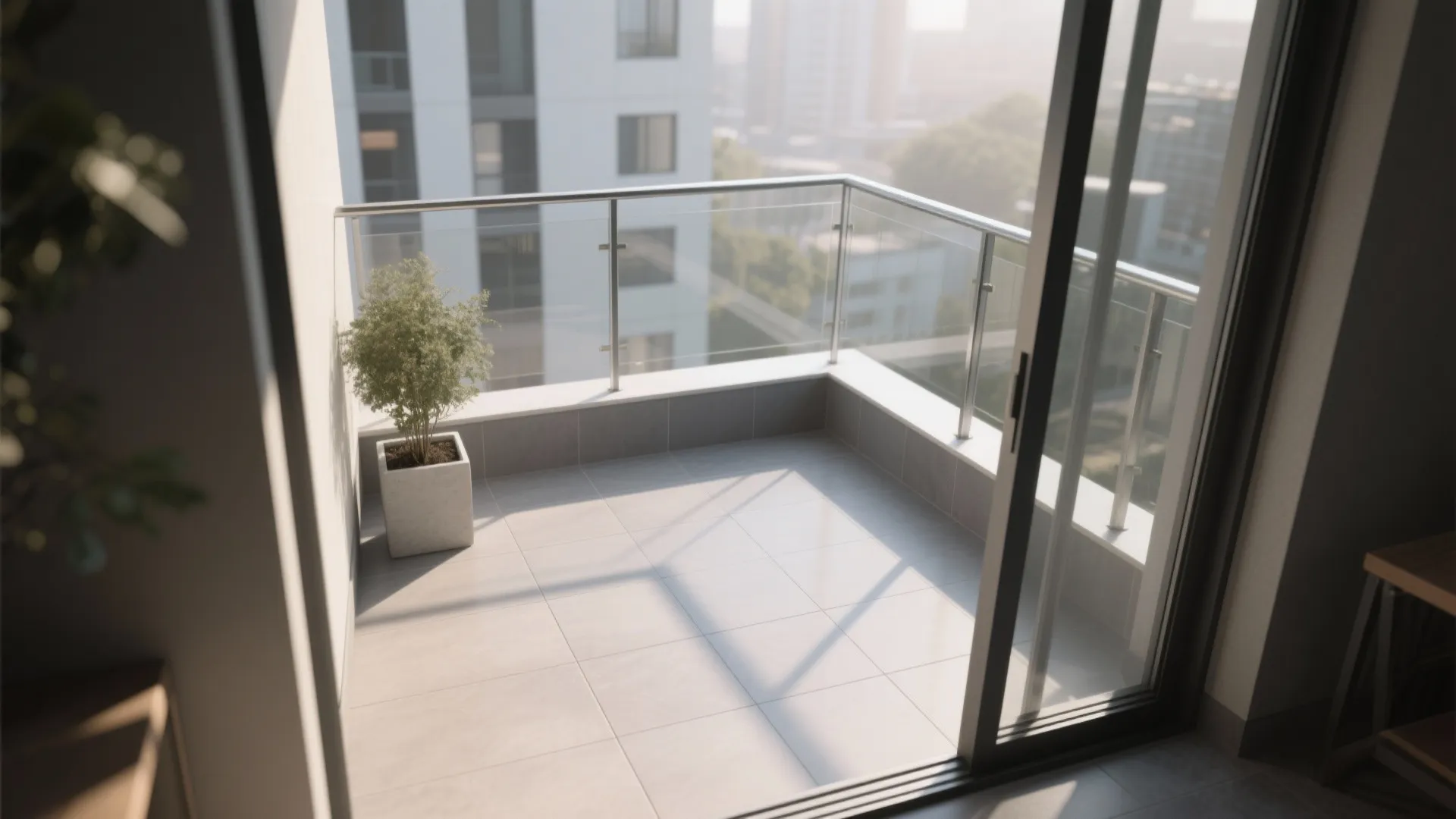 Modern apartment balcony with grey floor tiles glass railing potted plant and sliding glass door view