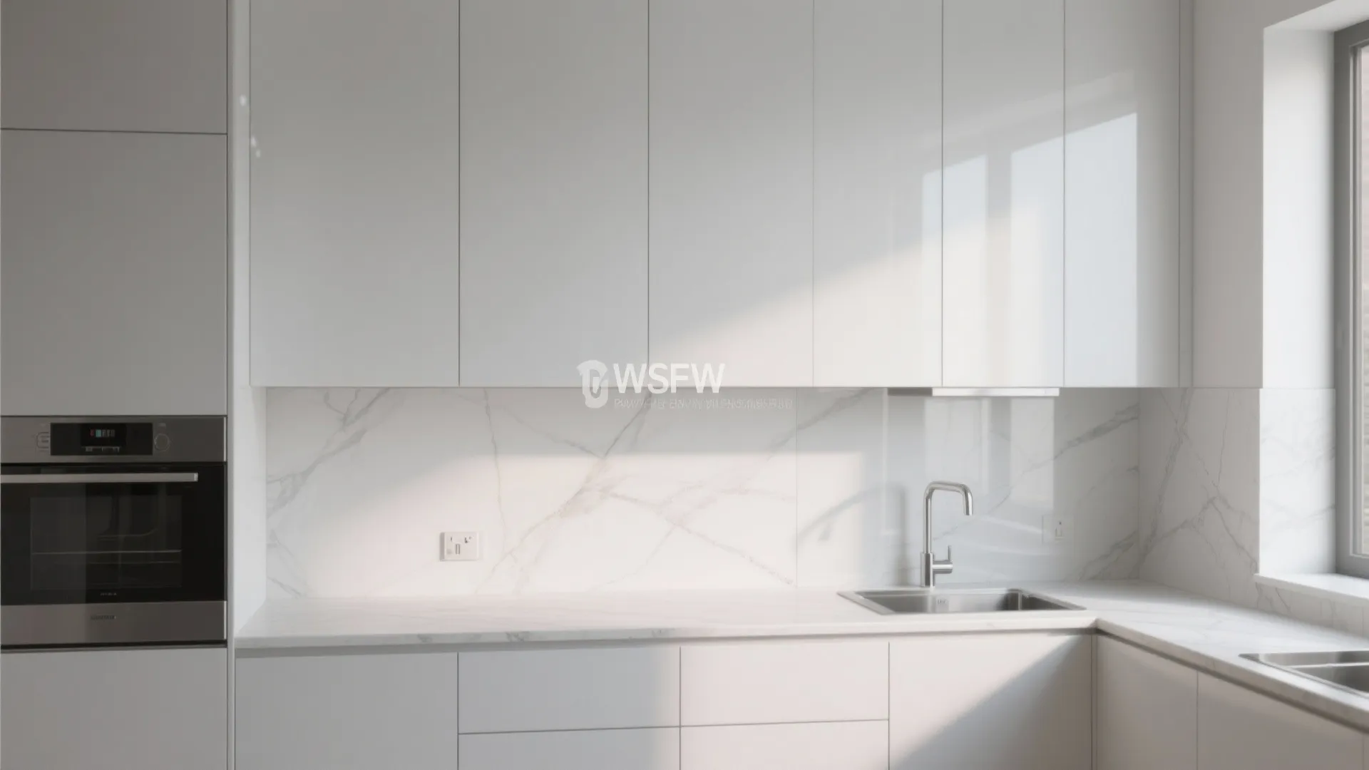 Minimalist white kitchen with marble backsplash glossy cabinets built in oven and stainless steel water tap