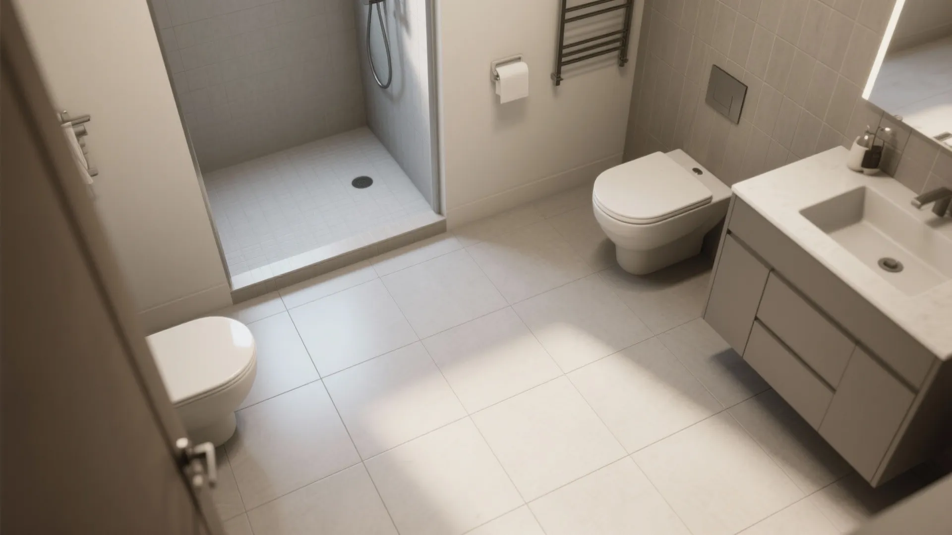 Modern bathroom interior design drawing with walk in shower white toilet and grey vanity cabinet
