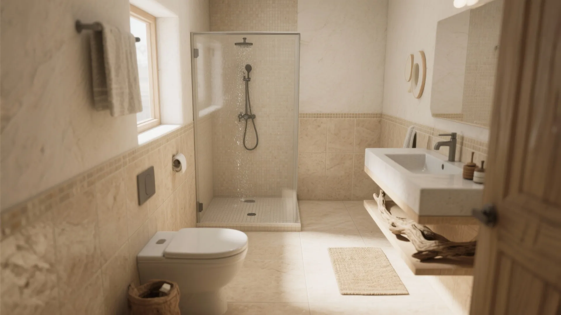 2. Large-format porcelain in sandy neutrals