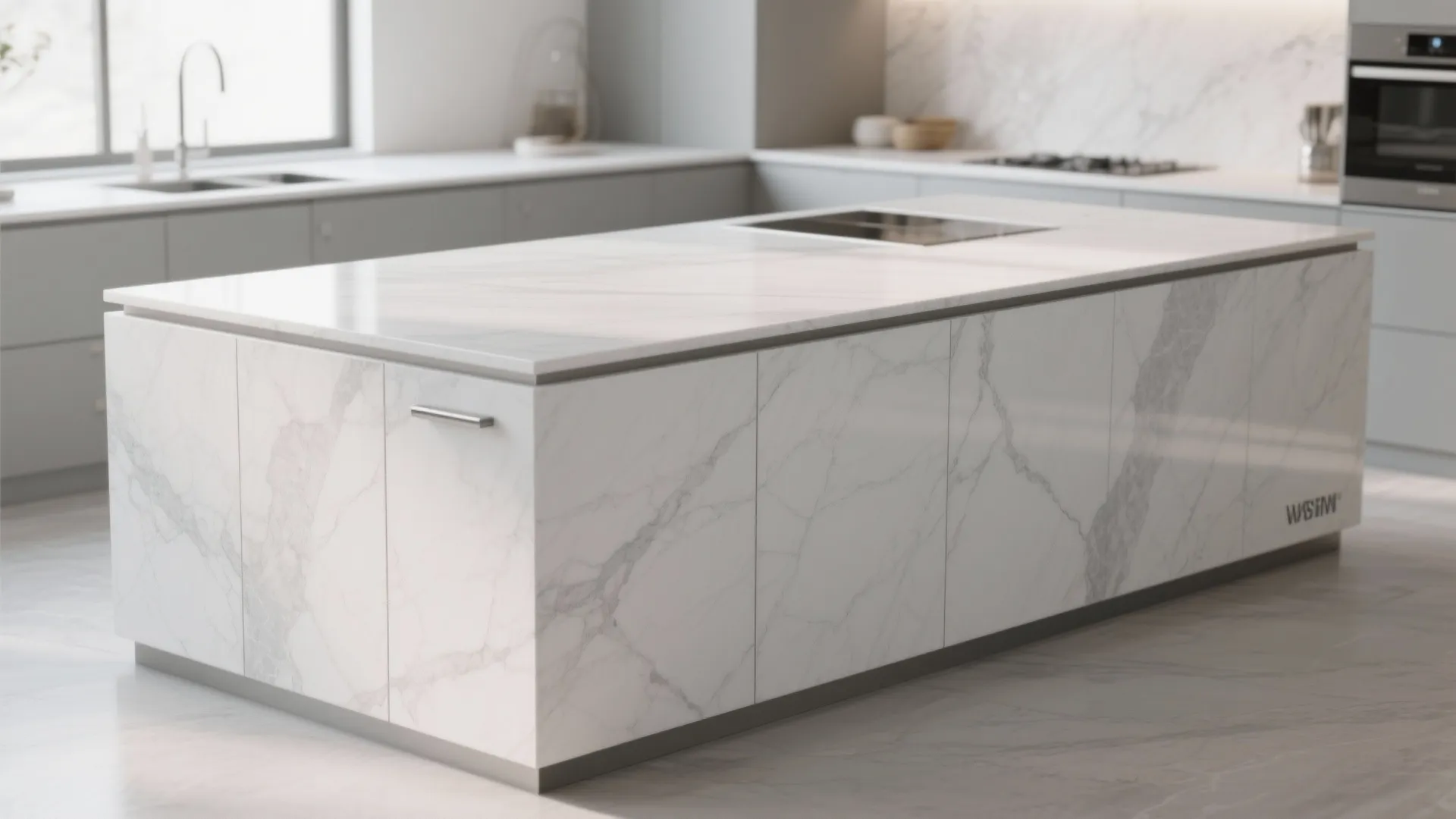 Sleek modern kitchen island clad in large-format porcelain slabs with minimal grout lines and integrated countertop.