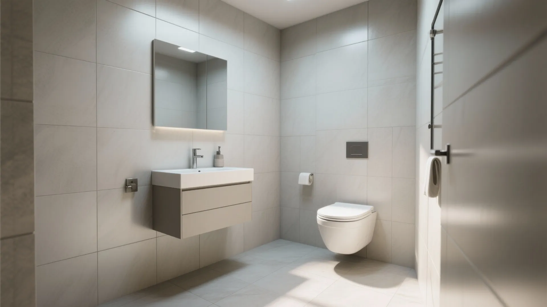 Modern bathroom with white wall tiles and floating sink cabinet and wall mounted toilet bowl