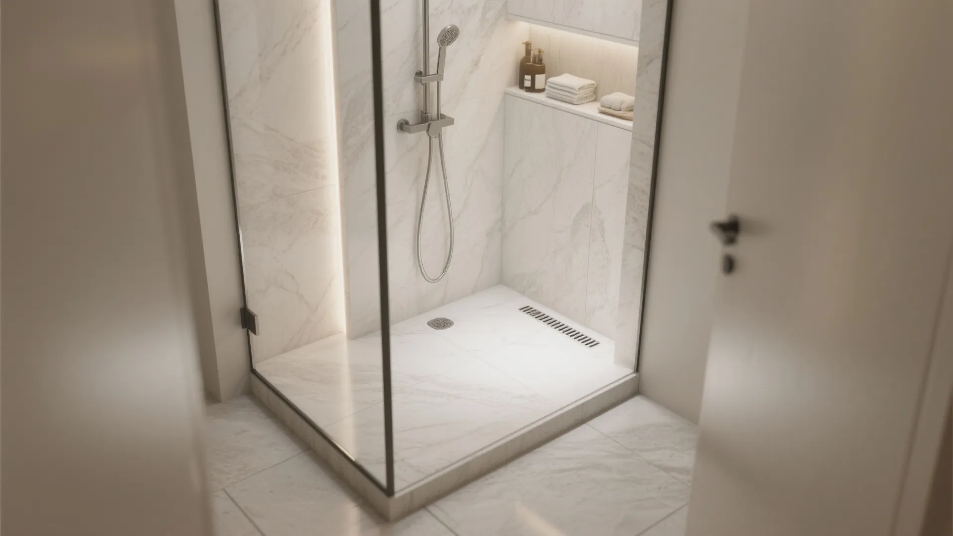 Minimalist white marble walk in shower with glass door wall light and built in shelf