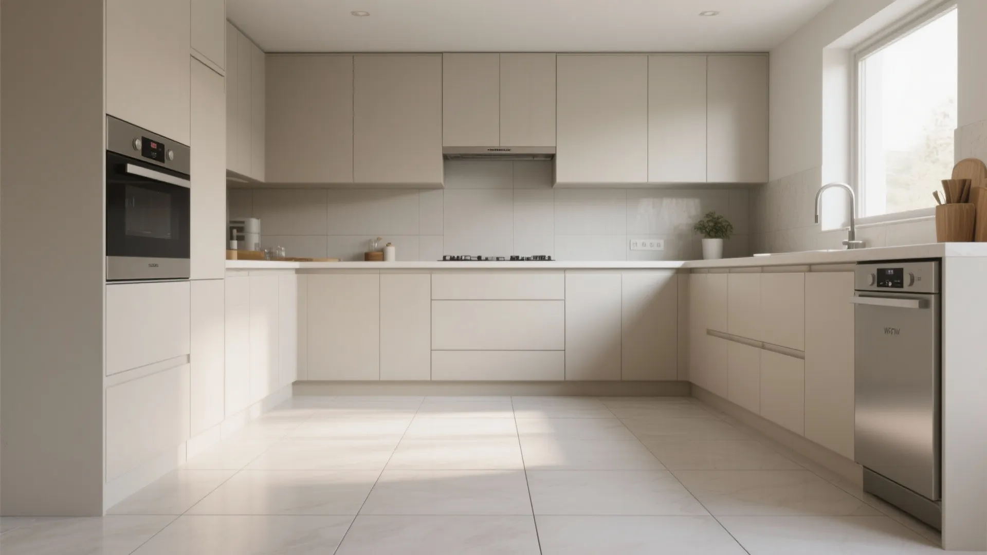 1. Large-format porcelain tiles in a light tone