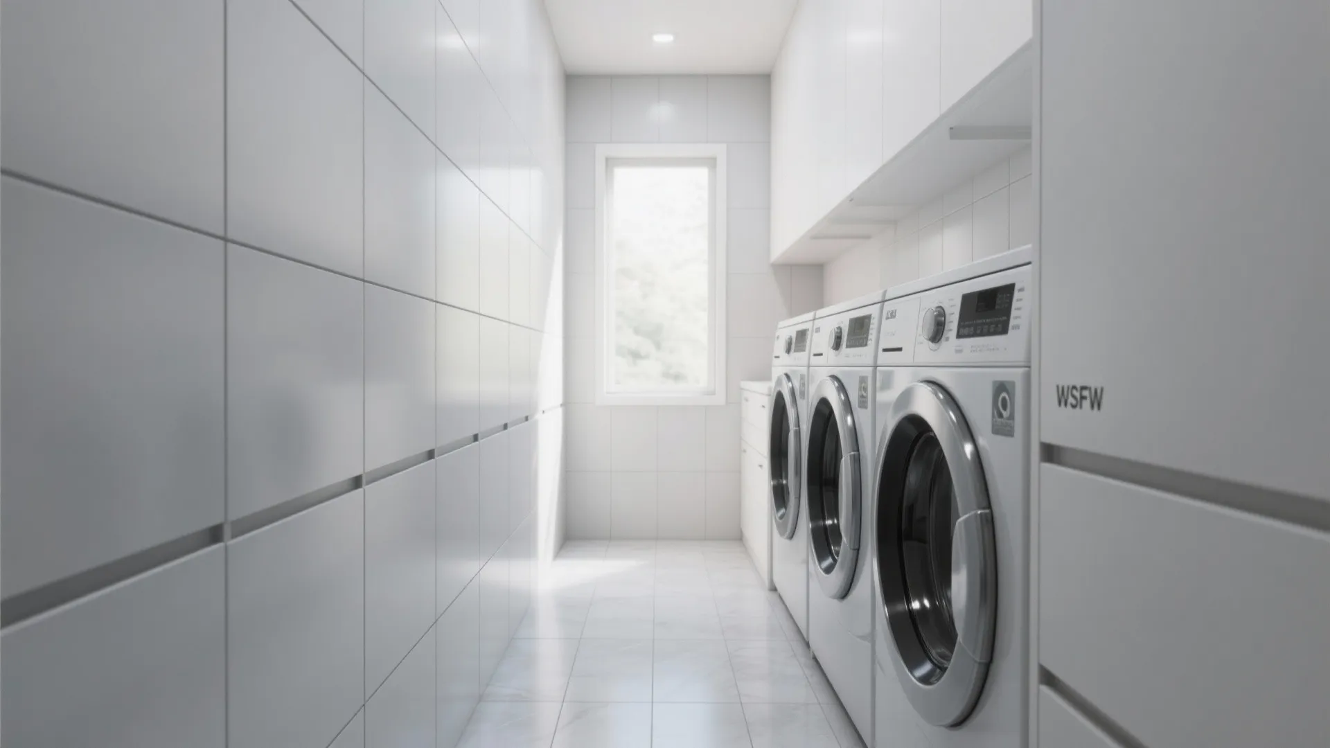 Clean white laundry room with washing machines and large square tiles under a bright window
