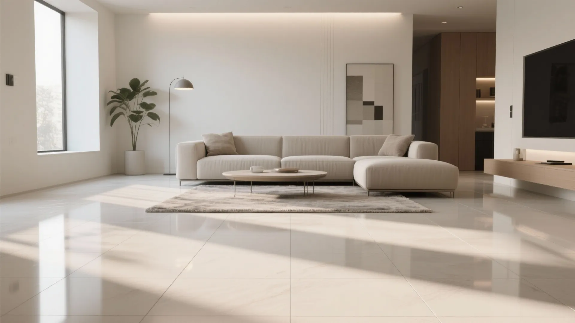 2. Large-format porcelain tiles to visually expand the room