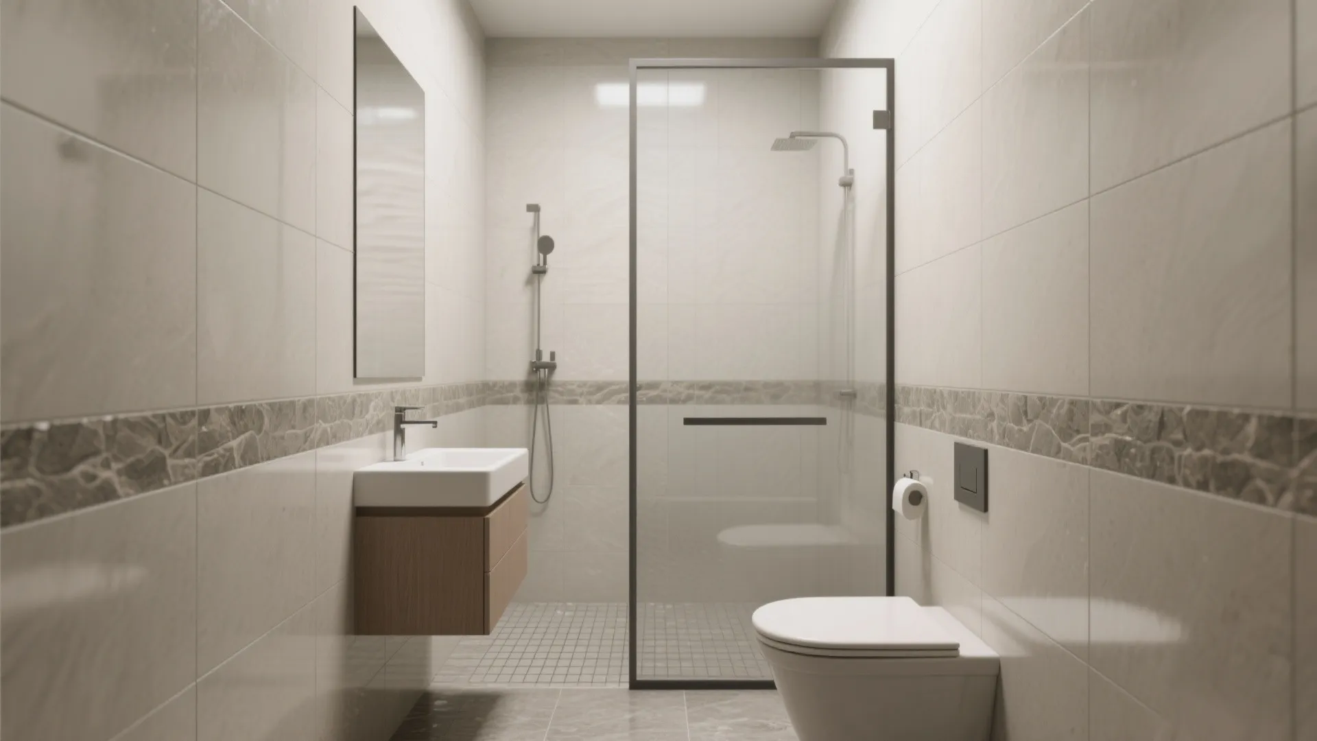 Tiny bathroom using large-format 24x48 porcelain tiles with 2–3 mm joints and color-matched grout for continuous surfaces.