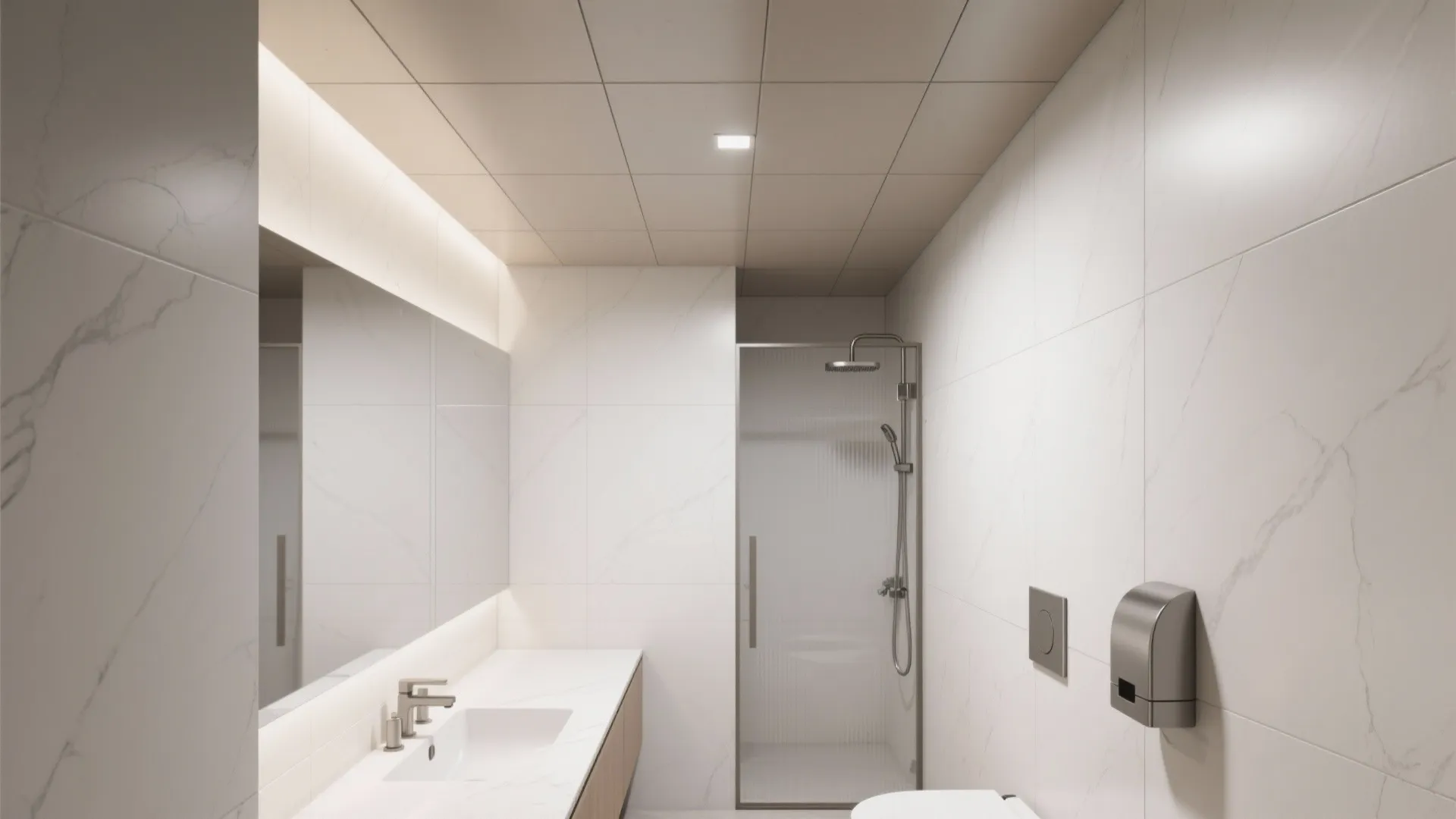 Bright modern bathroom with white wall panel, large mirror, white sink, and glass shower cabin