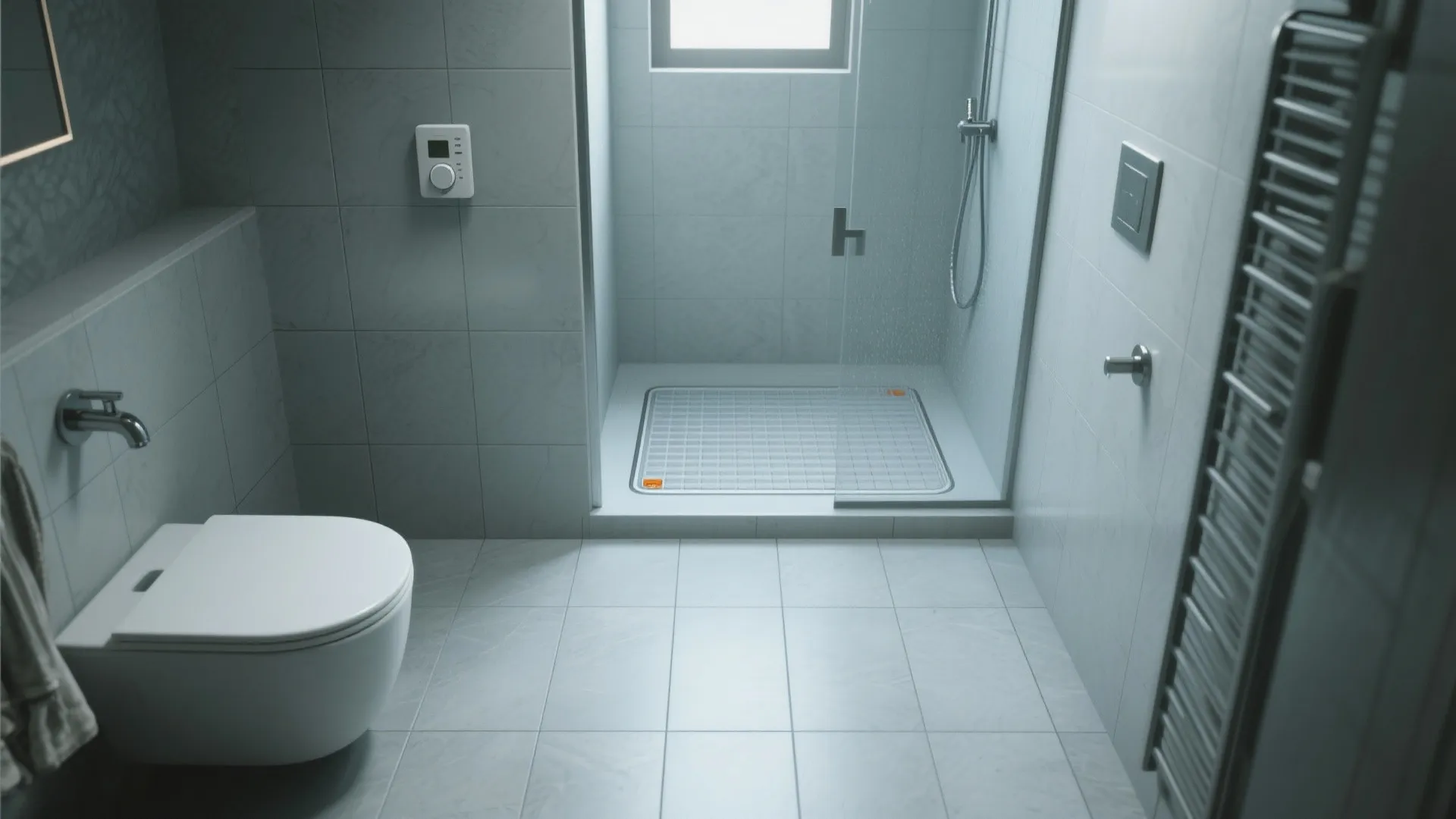 Modern bathroom interior design with white toilet grey wall tiles glass walk-in shower and light