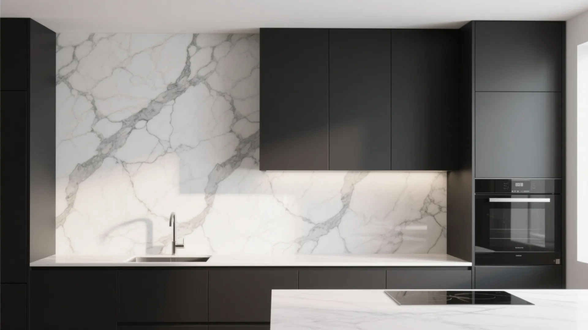 Modern dark kitchen cabinets with large marble wall tiles and a built-in oven and sink
