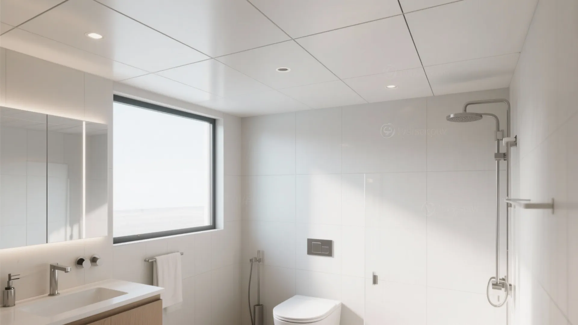 Modern white bathroom with square ceiling tiles recessed light fixtures shower head and large window