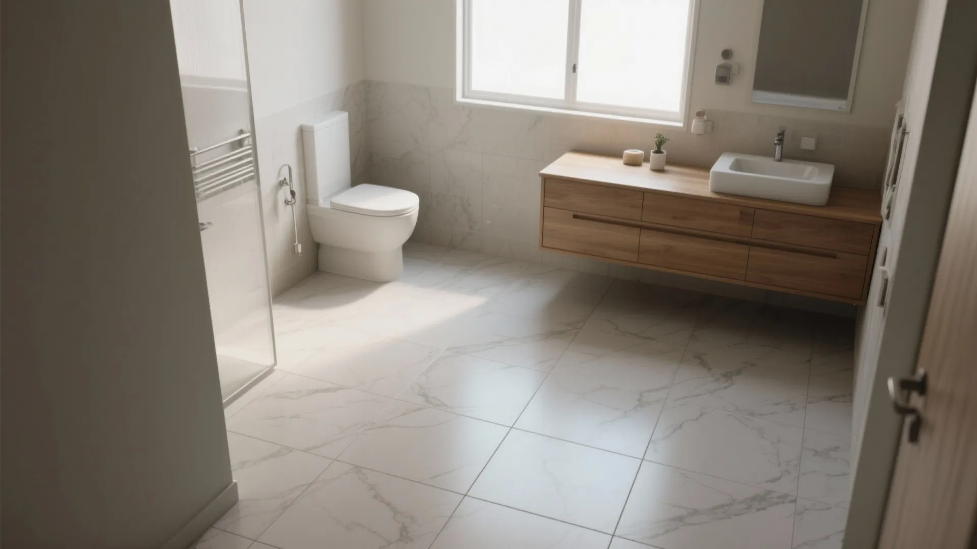 Spacious bathroom with white marble floor tiles wooden cabinet sink toilet and large window providing light