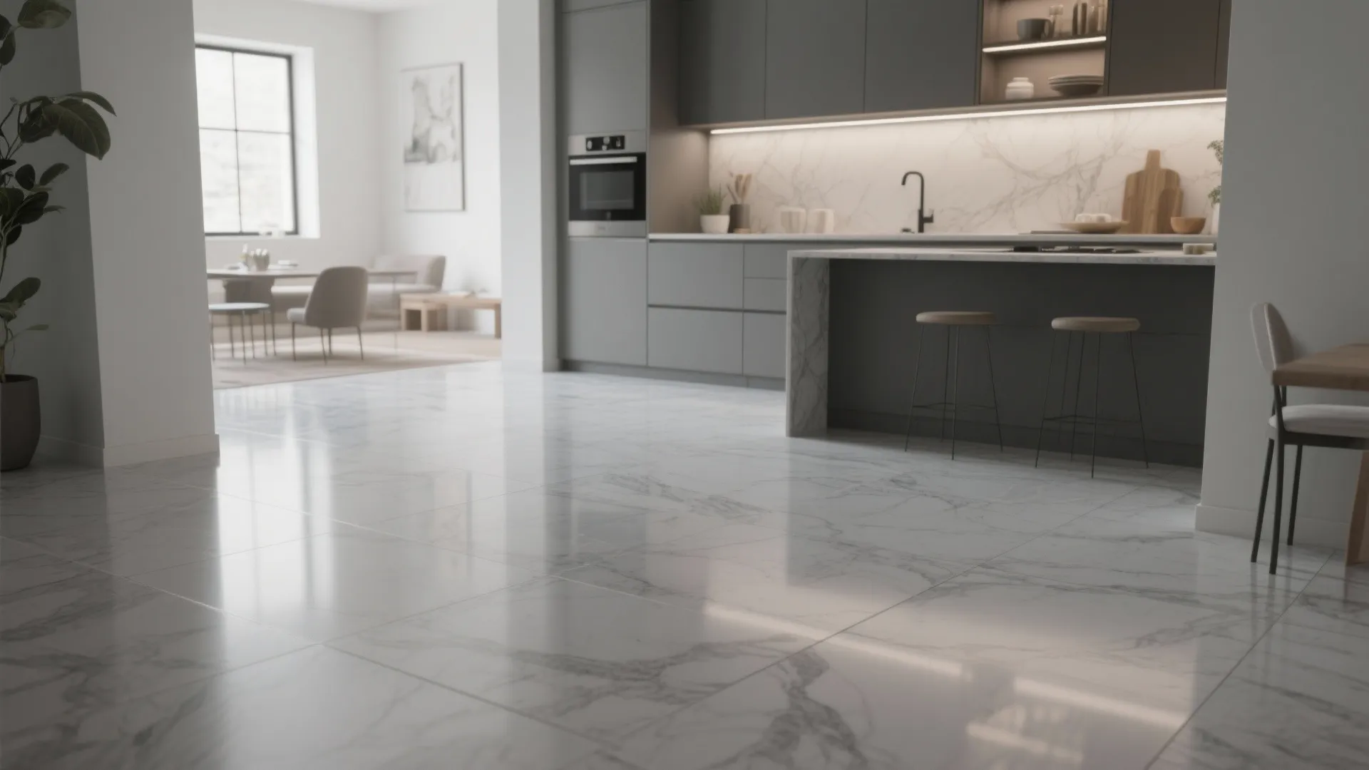 Modern kitchen with large white marble floor tiles and grey cabinets featuring a large island