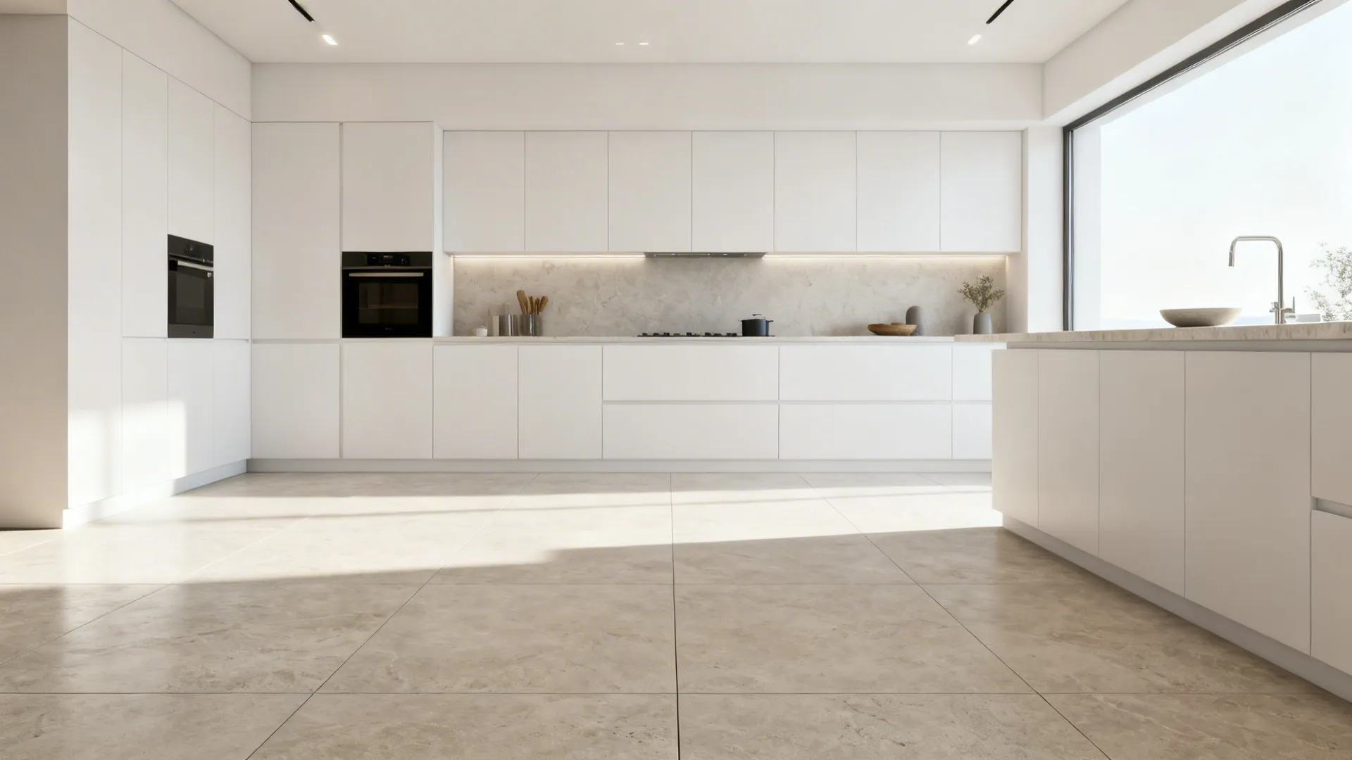 Modern kitchen with large-format porcelain tiles and white cabinets, minimal grout lines