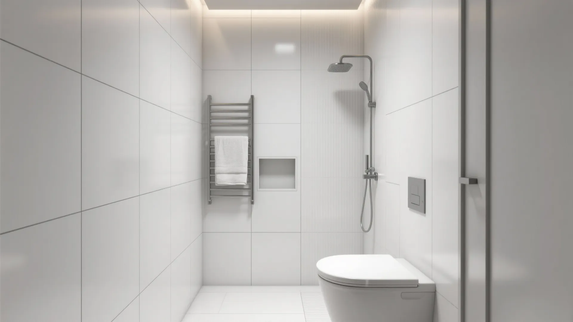 Modern white bathroom with large wall tiles towel rack shower head and simple toilet design