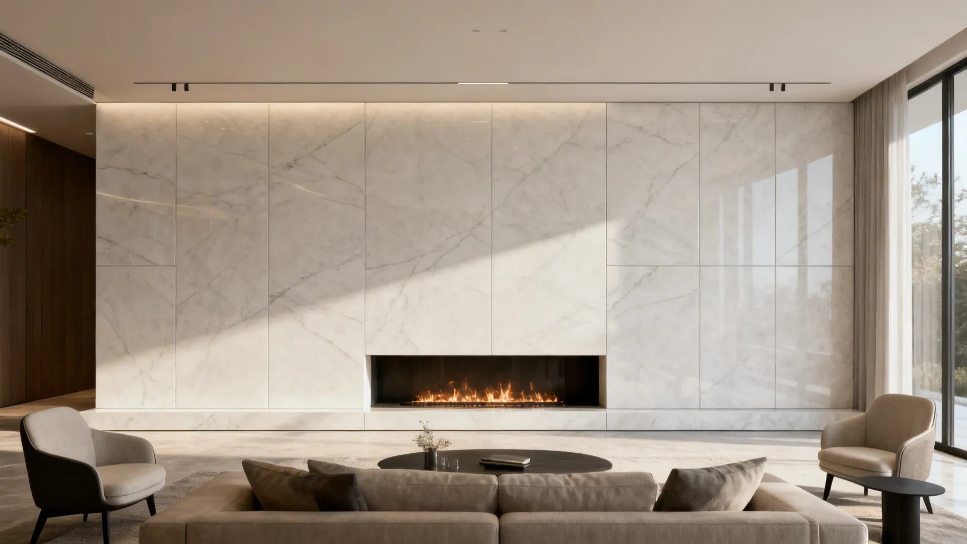 Living room wall with seamless large-format porcelain panels and integrated fireplace