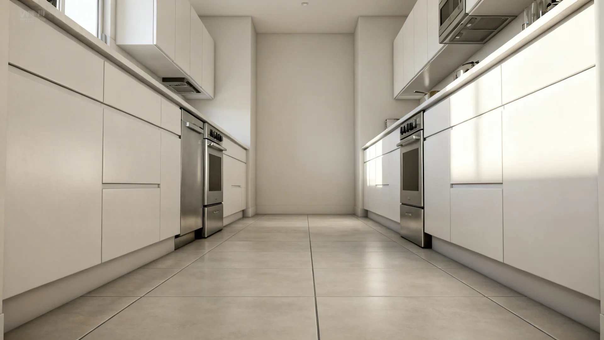 Galley kitchen with 24x48 large-format porcelain tiles and minimal grout lines.