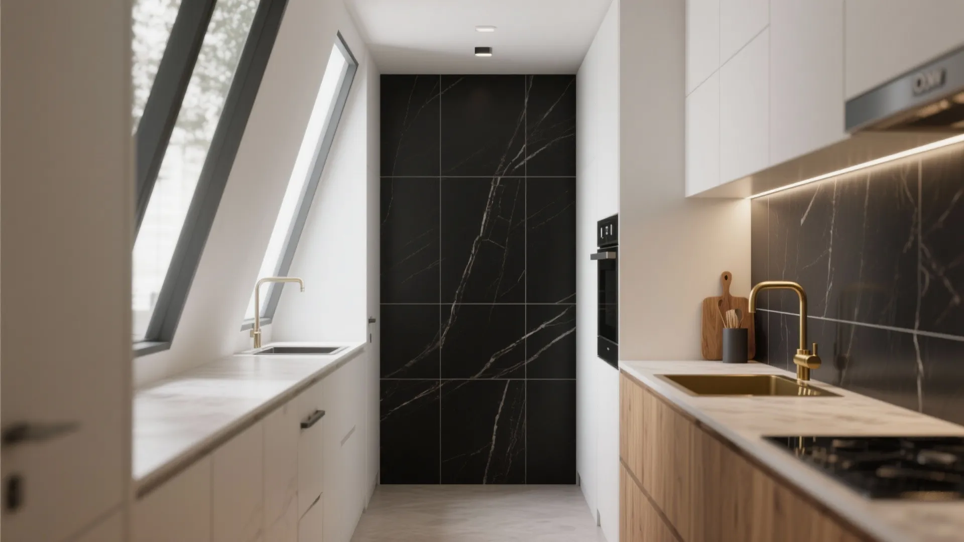 Modern narrow kitchen featuring black marble wall panels white cabinets and a gold water faucet sink