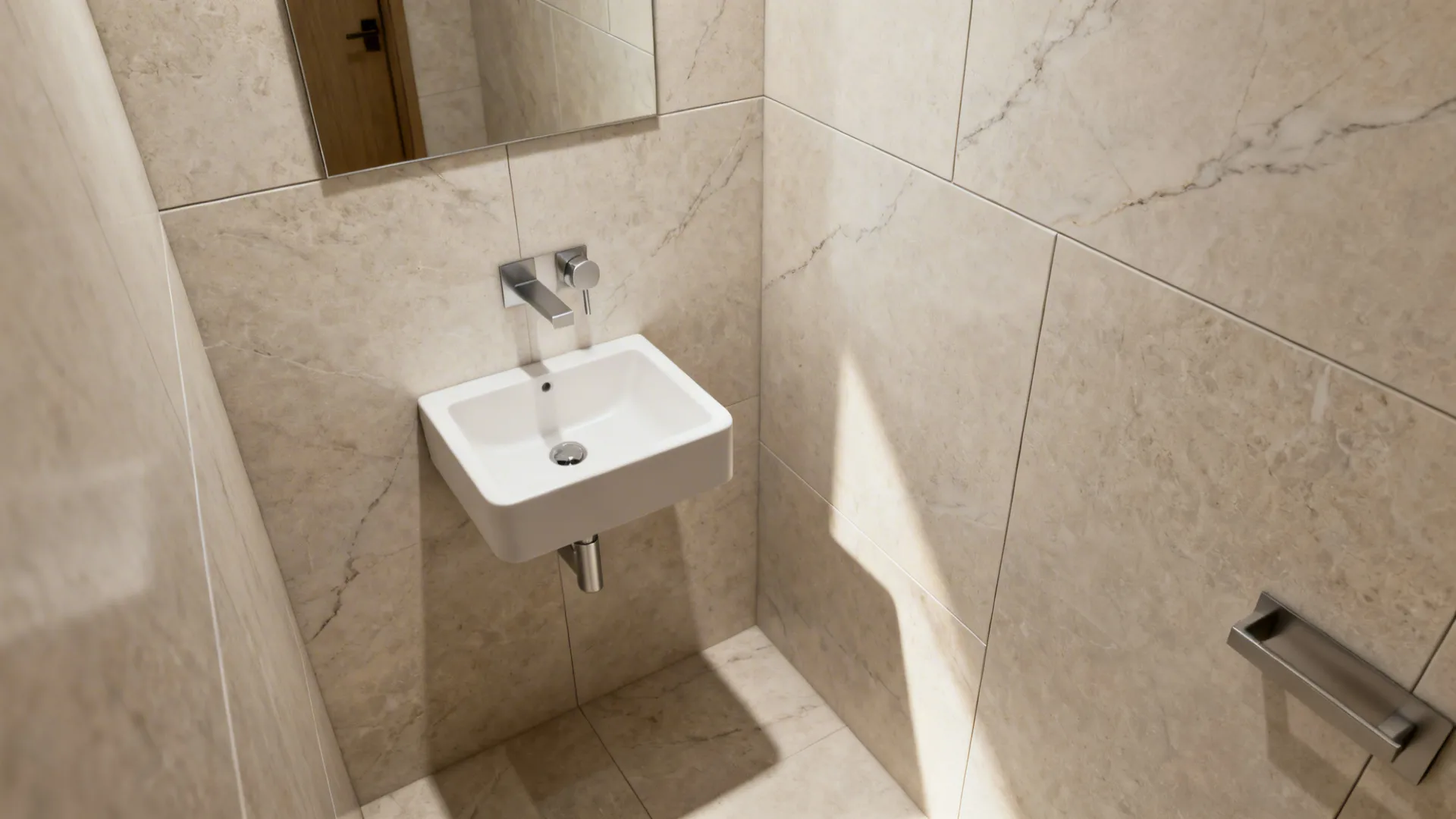 Tiny powder room with large-format porcelain slabs and minimal grout lines