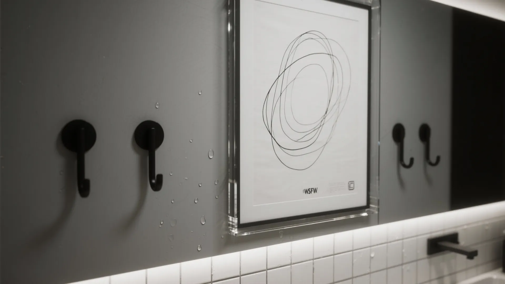 Modern bathroom wall featuring black hooks framed artwork white tiles and a dark metal faucet
