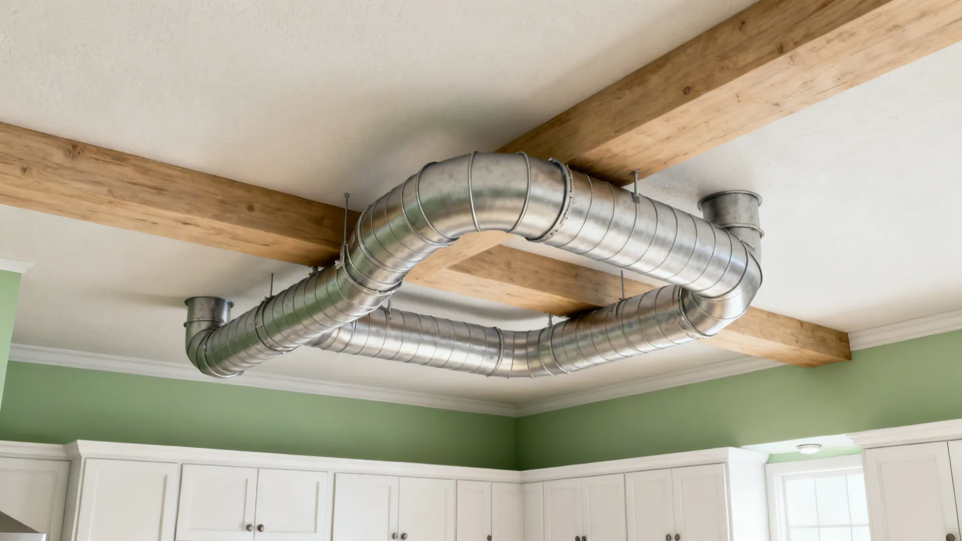 Top-down view of smooth ductwork using two 45-degree elbows for a gentle turn.