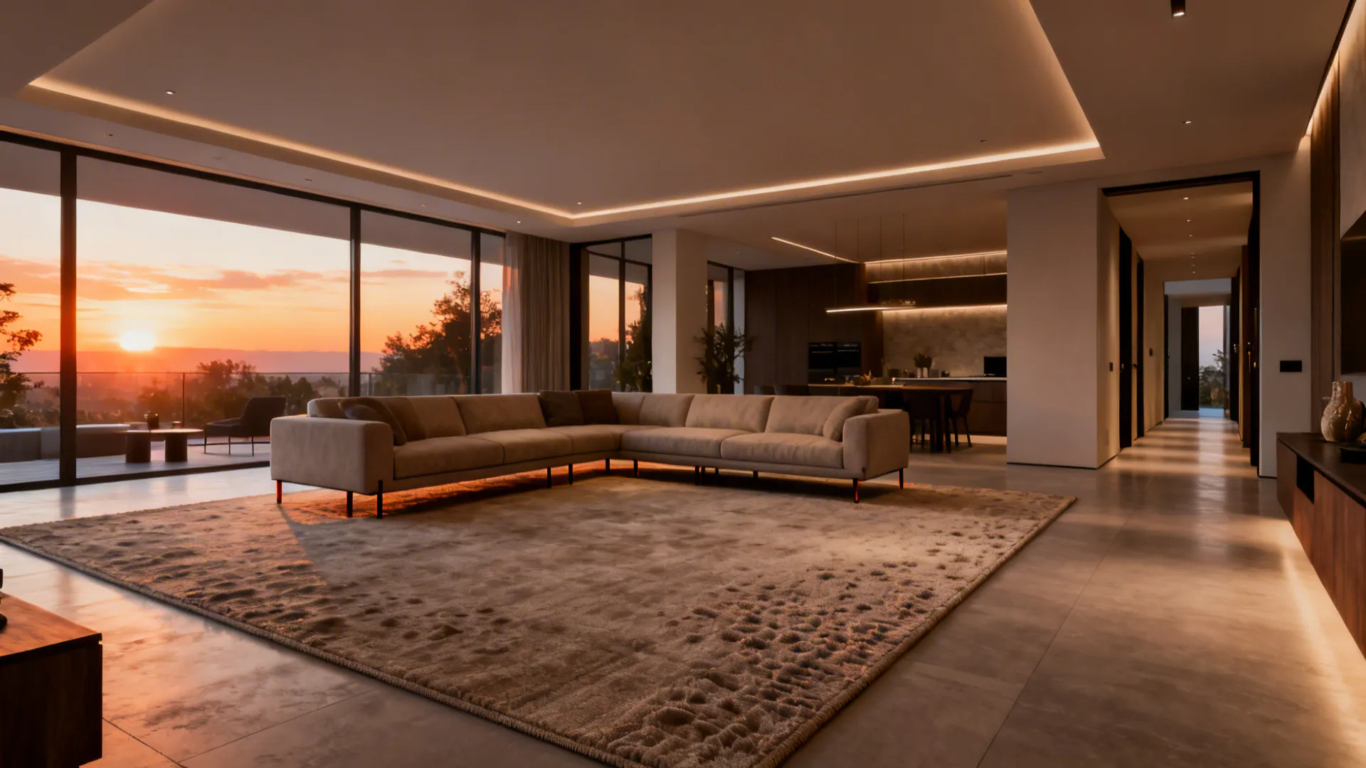 Open-plan living room with a 10x14 rug grounding a large sectional and defining traffic flow