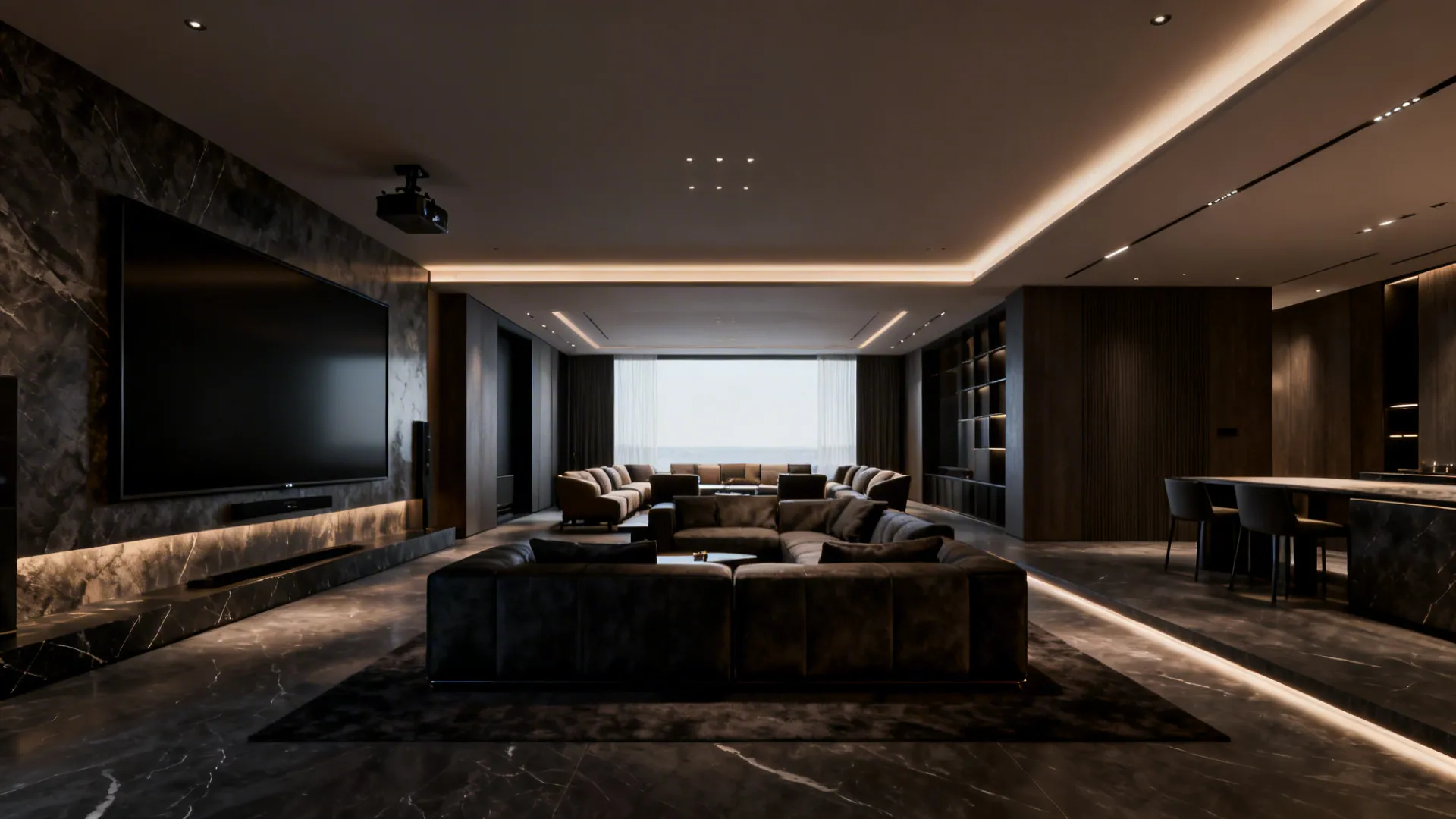 Open-plan large living room with a 75–85 inch TV and distant seating creating a home-theater feel
