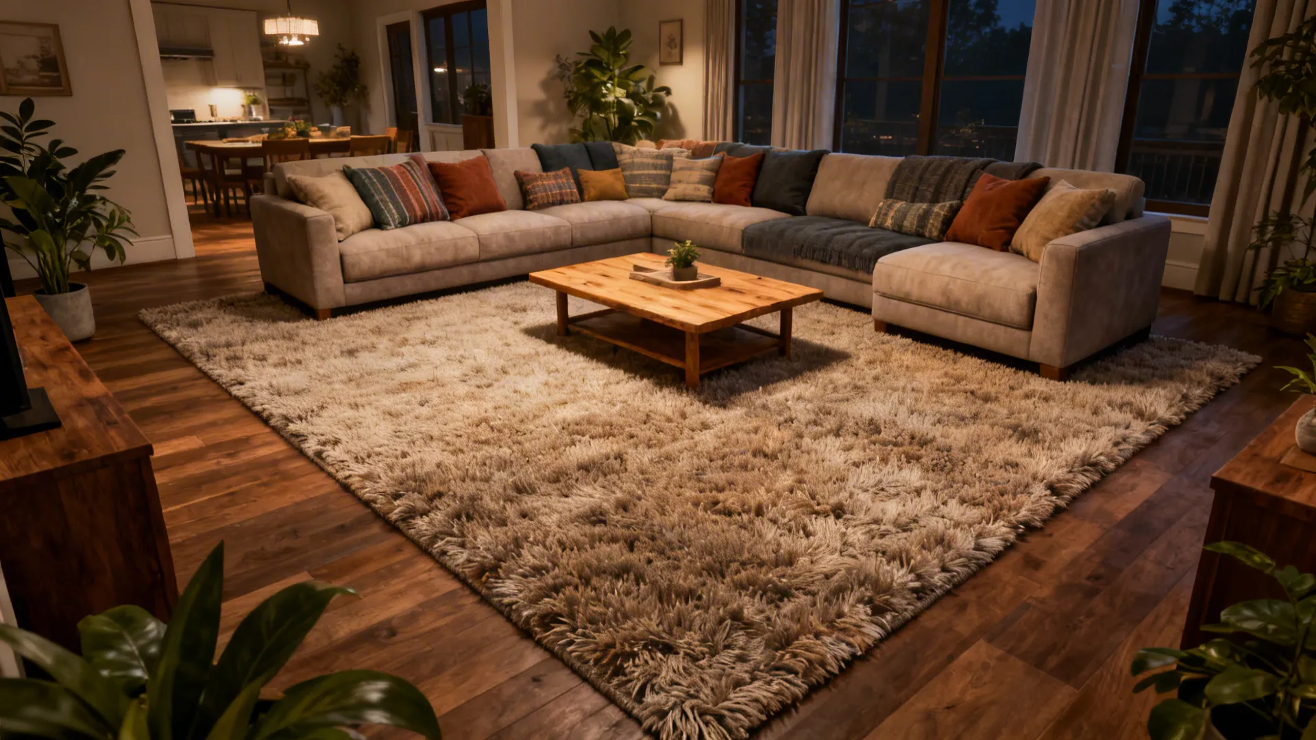 Spacious living room with an 8x10 rug anchoring sectional and U-shaped seating