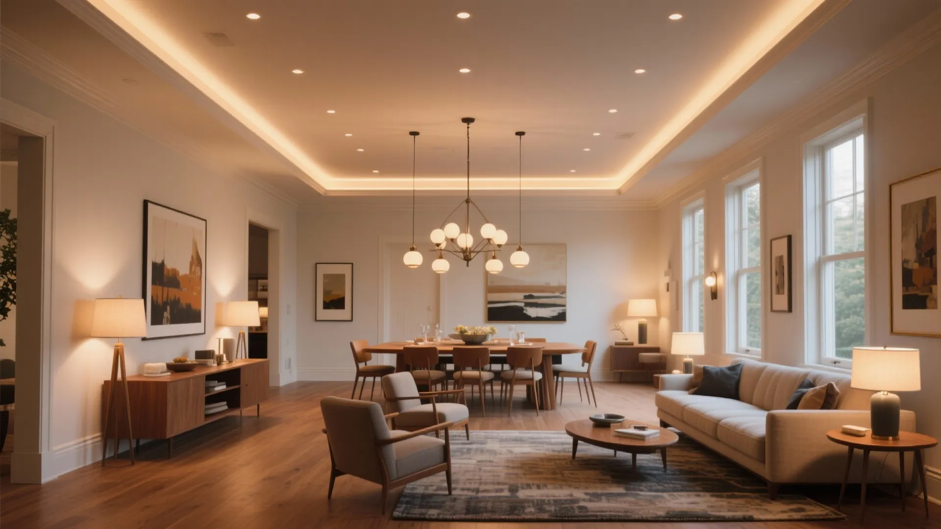 Large open plan living and dining room with sofa table ceiling lights and warm light
