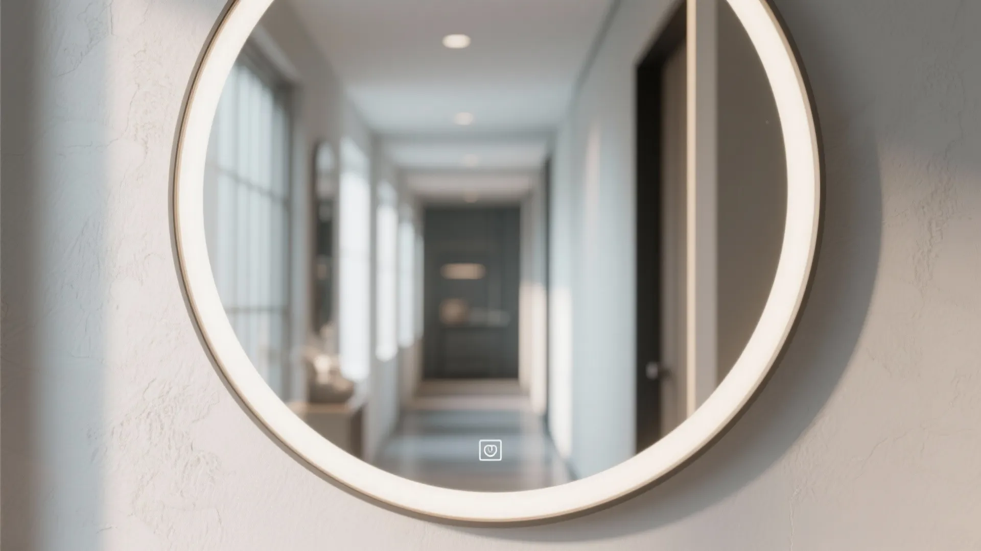 Large round mirror with bright ring light reflecting a long modern hallway with white walls