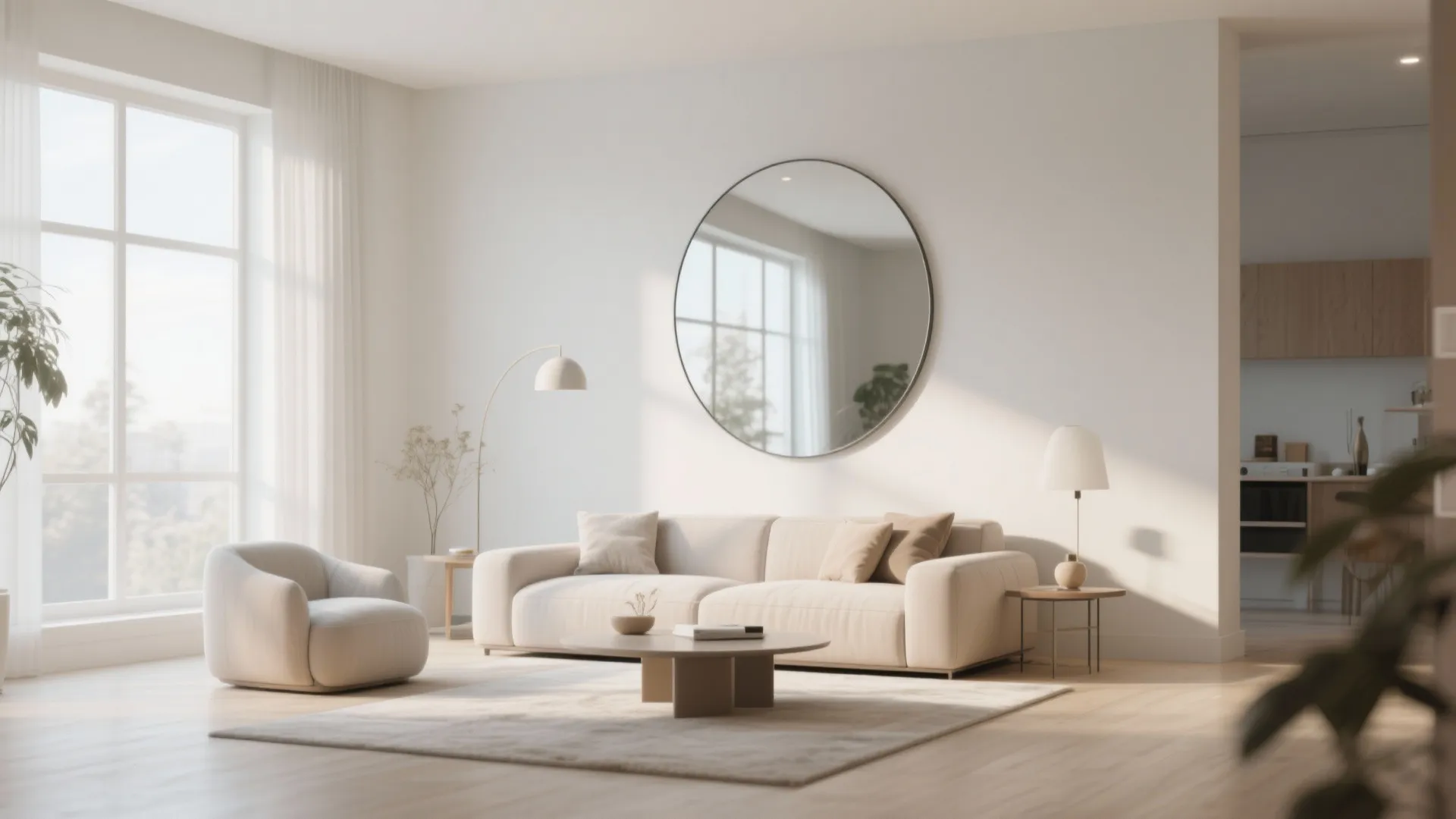 Modern living room with a cream sofa large round wall mirror floor lamp and coffee table