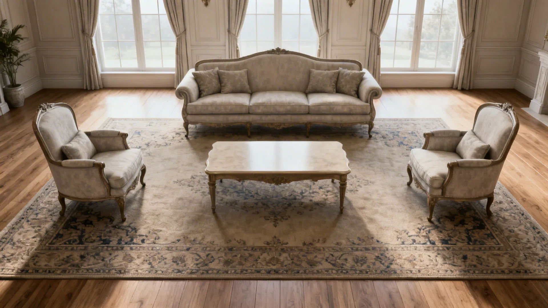 Classic living room with beige sofa two chairs coffee table large patterned rug and windows