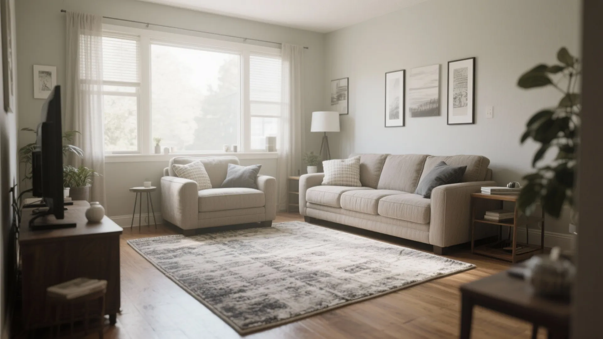 Large patterned rug in bright living room with grey sofa armchair and wooden TV stand