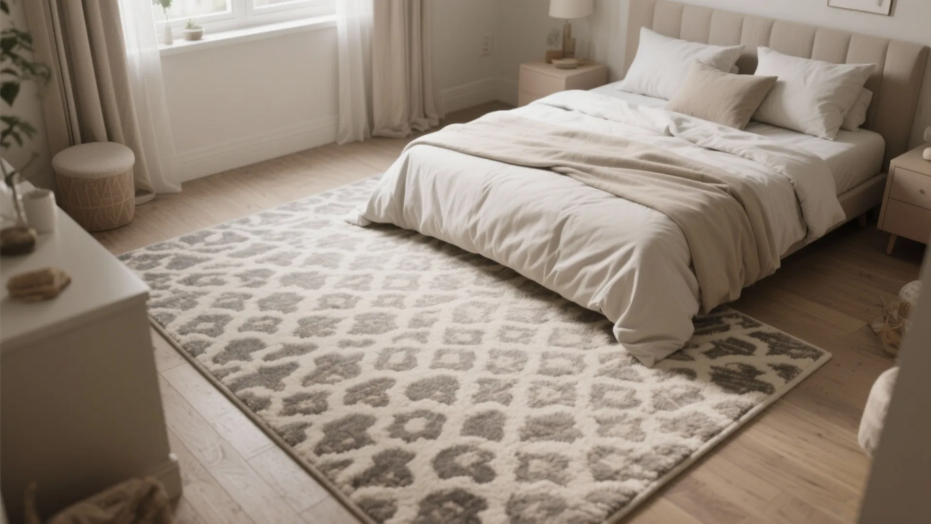 Bright bedroom with large patterned rug on wooden floor beige bed pillows and soft light