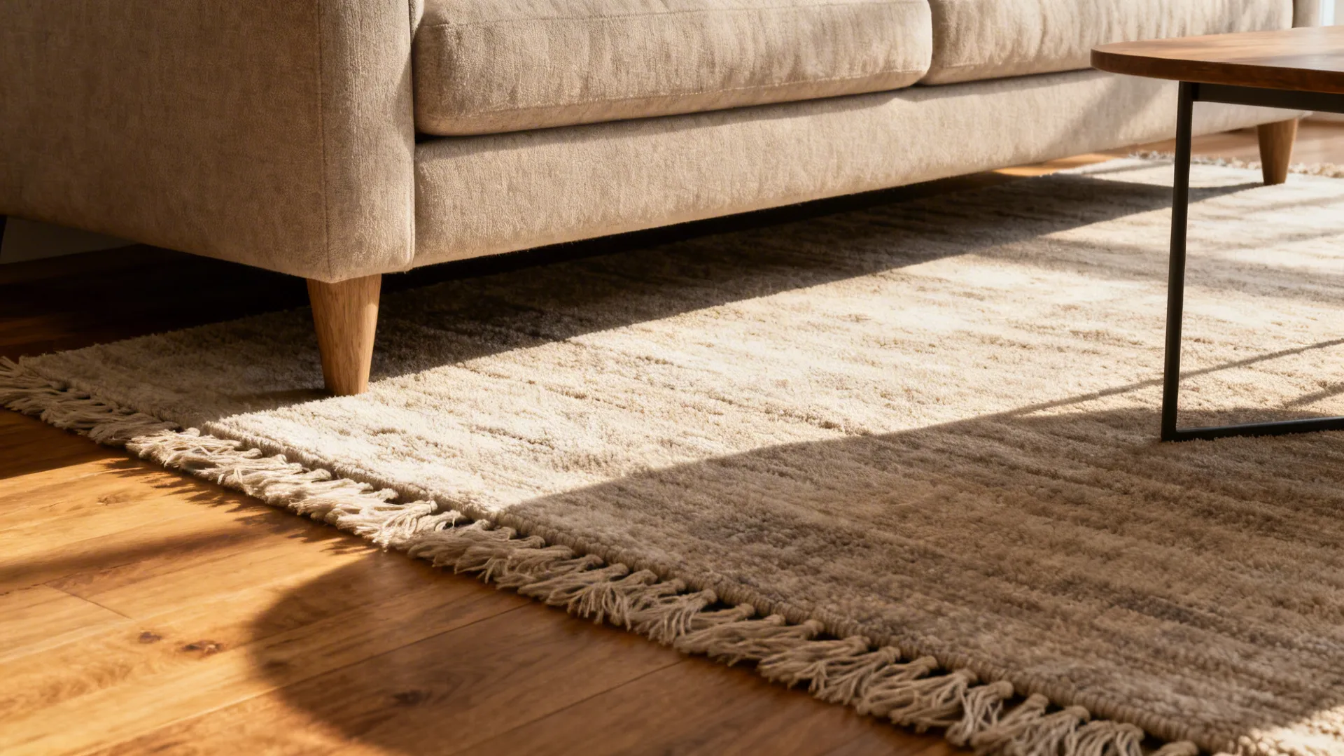 Close-up of a large neutral rug extending under a sofa's front legs and a side table, showing layered textures.