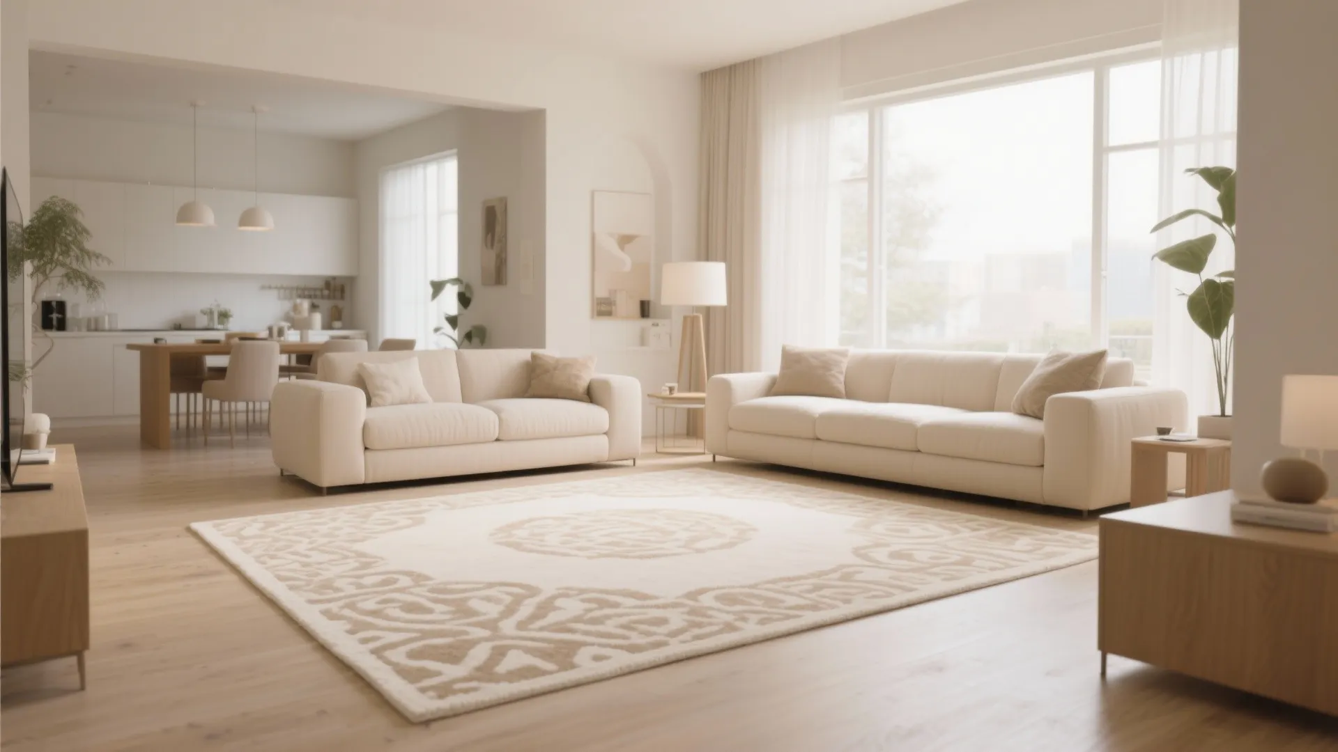 Beige and cream area rug anchoring living room space