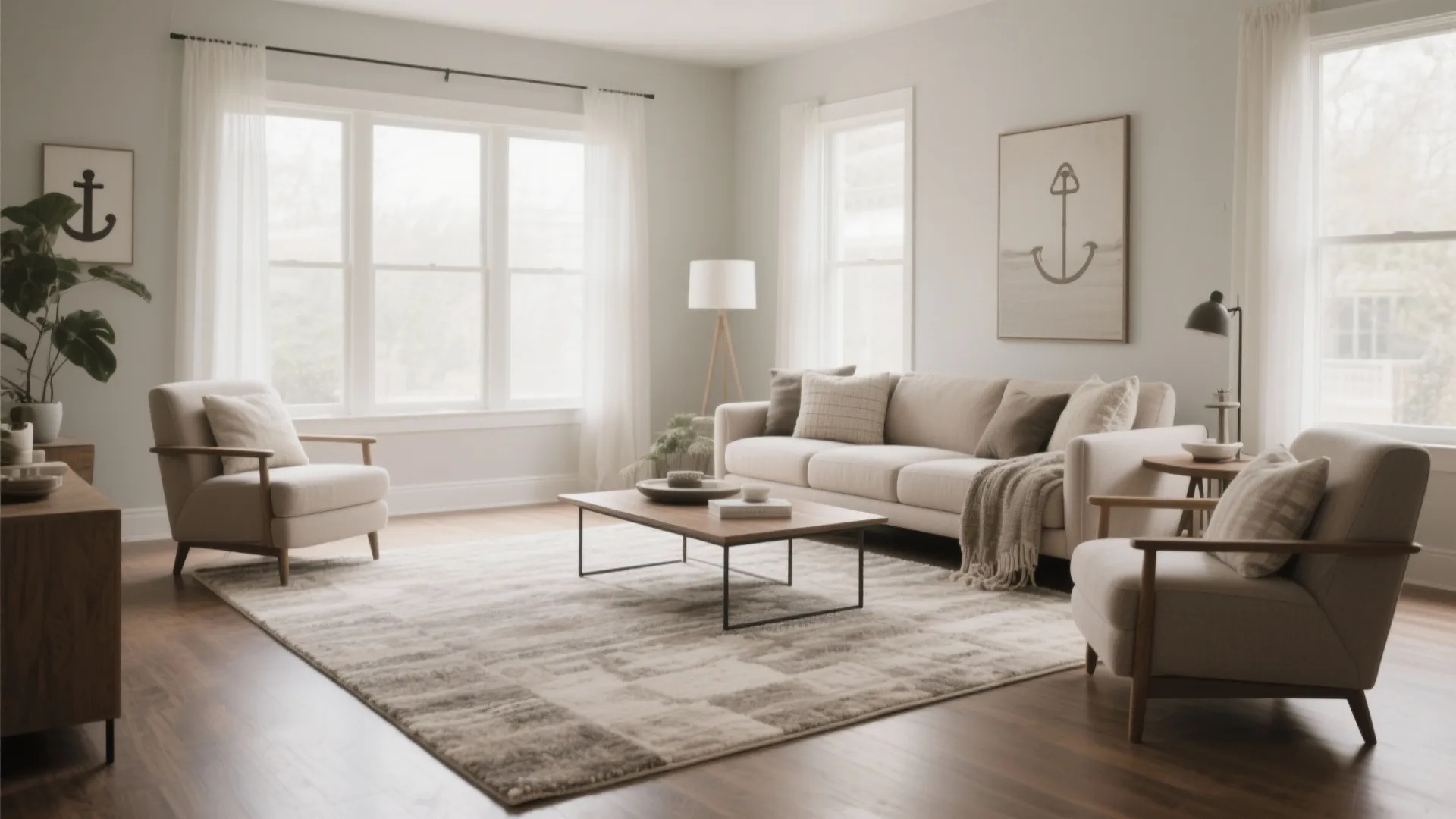 Living room anchored by a large area rug with neutral tones