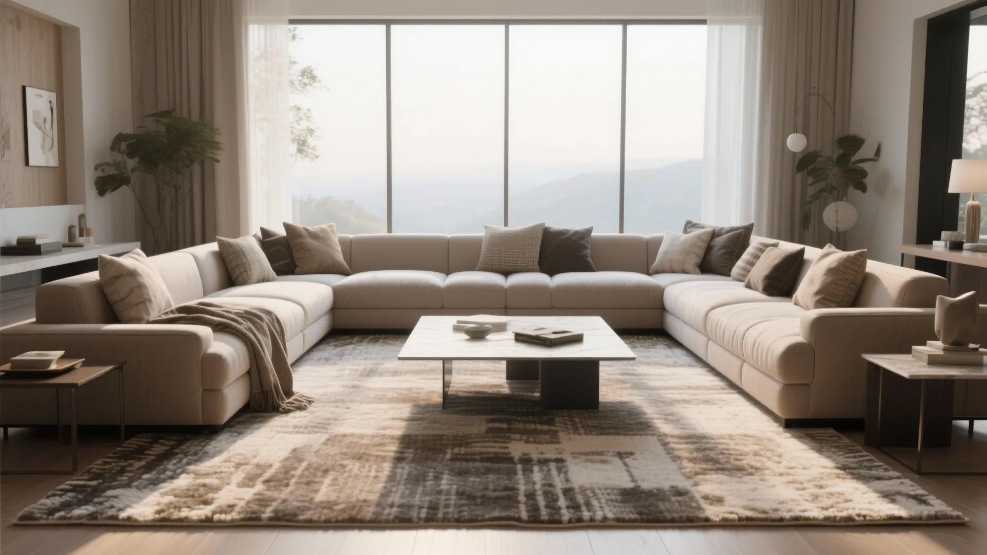 Modern bright living room with large grey sectional sofa white coffee table and patterned area rug