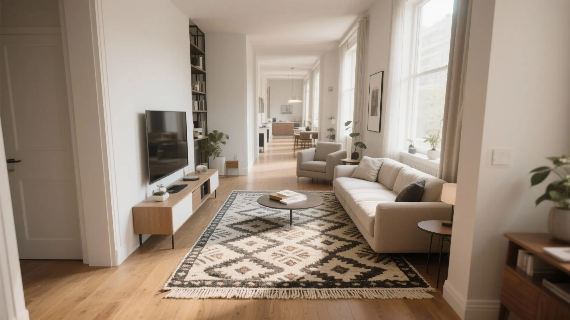 Modern bright living room with large pattern rug white sofa wooden cabinet and natural light