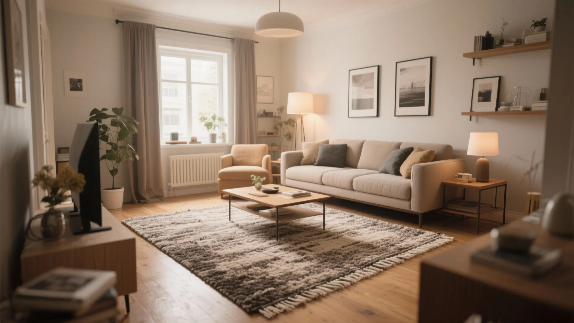 Bright living room with large patterned rug, beige sofa, wooden coffee table, and green plants