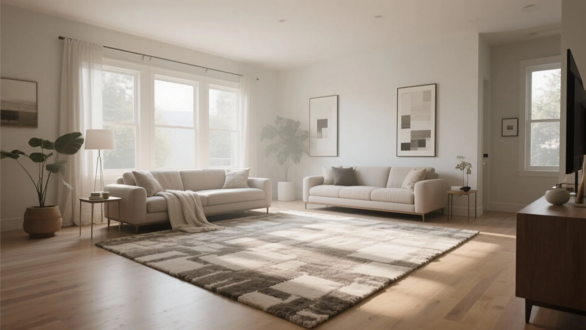 Bright living room with two beige sofas a large patterned rug and floor lamp light