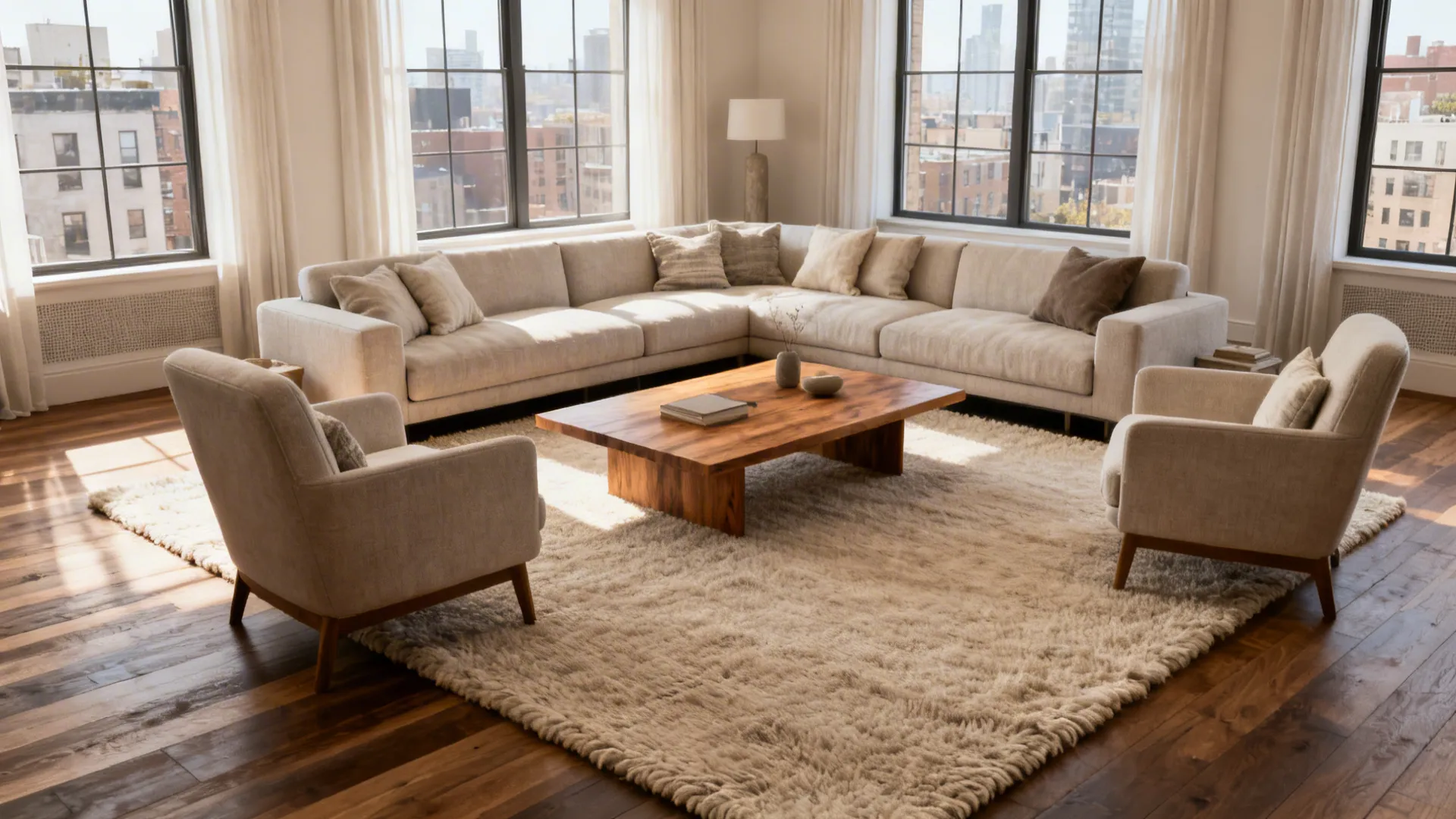 Large beige rug under a wooden coffee table and cream sectional sofa in a bright room