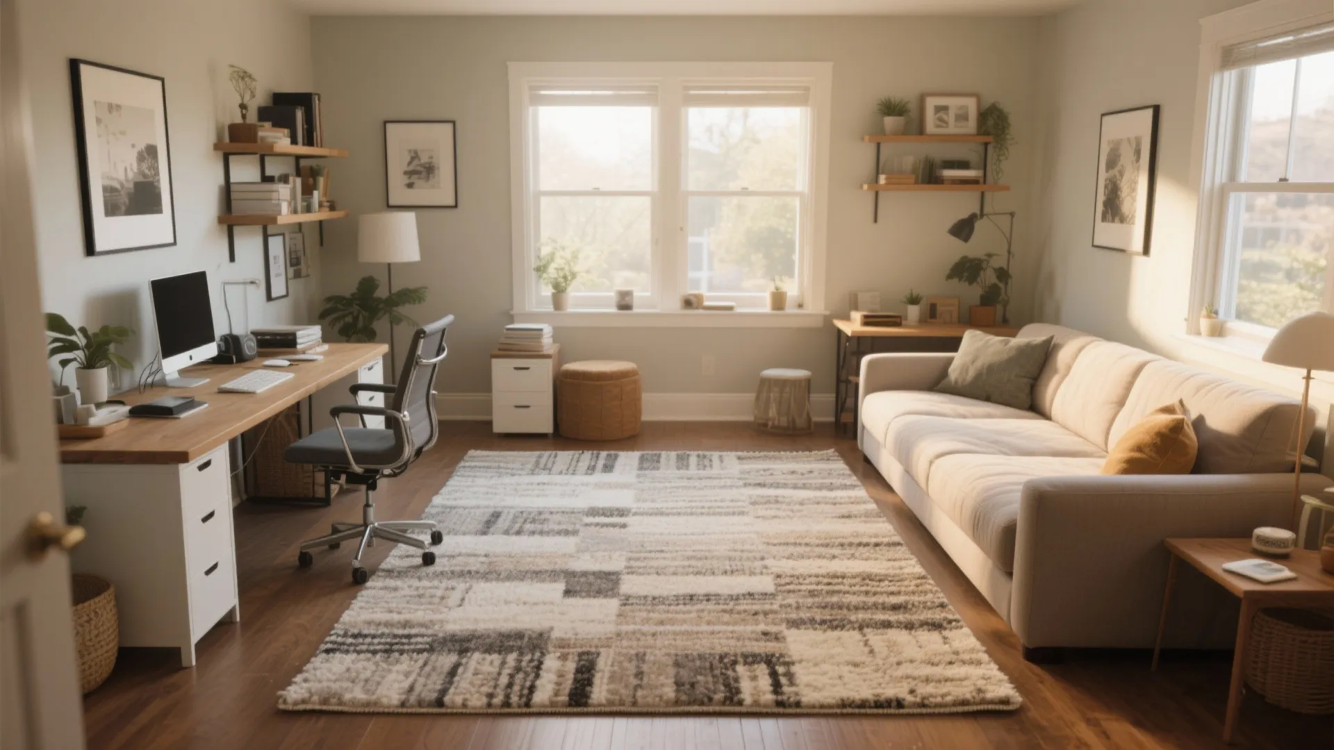 Large rug uniting sleeper sofa and desk area in small office