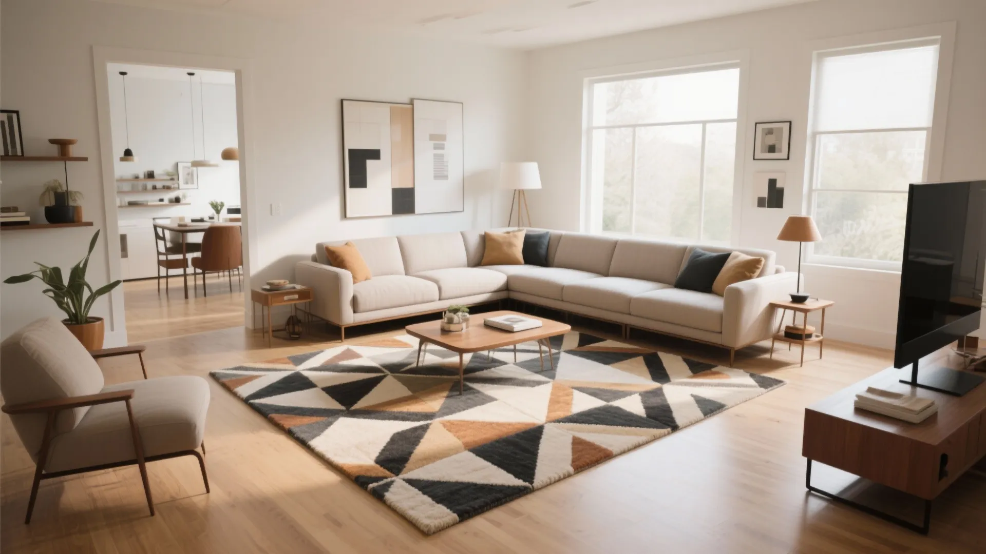 Modern living room featuring large geometric rug cream sofa wooden coffee table and black television