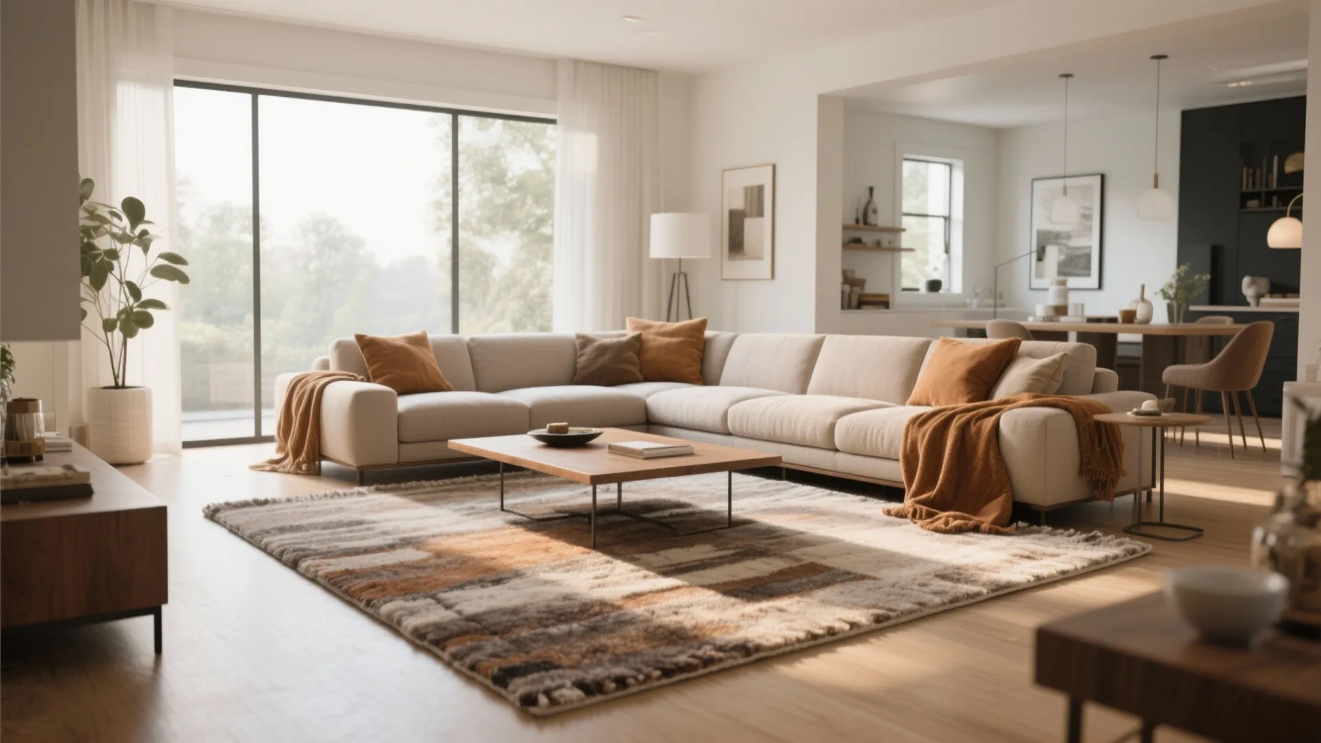 Modern living room with a large patterned rug under a light sofa and wooden table